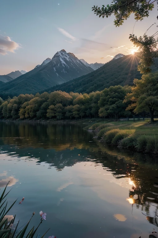"Use artificial intelligence to create high-quality images, Featuring advanced levels of detail and cinematic style. Imagine the orange-red sunset quietly setting，The sky turns dark blue，Dotted with stars。The mountains in the distance are silhouetted in the afterglow，Clear and quiet outlines。The lake is like a mirror，Beautiful picture reflecting the sky，A gentle breeze blows across the lake，Ripples。The trees are bathed in the warm afterglow，Tree shadows cast mottled shadows on the path。A flock of colorful birds flying in the sky，Leave a beautiful trail。The air is filled with the fragrance of flowers and the fresh smell of pine forests，It's like being in a fairyland。This is the moment，Time seems to freeze，Immerse yourself in the tranquility and mystery of nature。