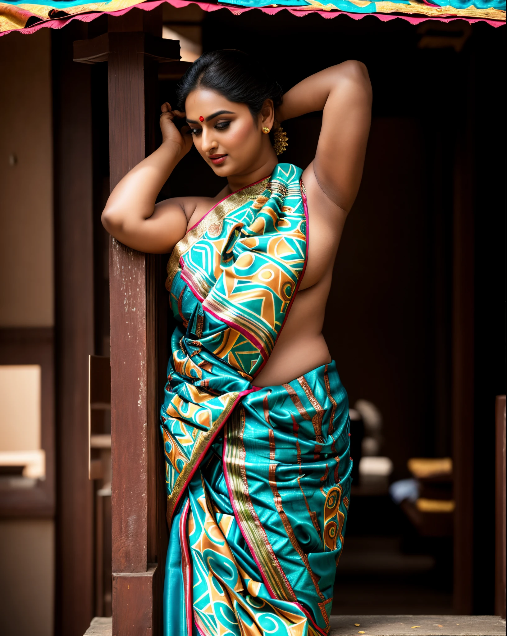 Foto RAW, photorealistic, photography, full body shot, master shot, goddess like beauty, perfect thick chubby mallu Desi aunty bhabhi, Wearing a Stanapatta, a chest-band.Saree model, model Photography, Indian saree shoot, Indian traditional wear advertising photography, traditional wear brand shoot, face of Indian actress Sonakshi Sinha, masterpiece, realistic, realism, incredible details, sensual pleasure, photorealism, detailed skin, skin pores, high contrast, photorealistic Artstation 8k HD digital art trend of high definition and detailed realistic skin texture, ultra detail, realistic skin texture, armature, best quality, ultra high definition, (photorealistic:1.4),, high resolution, detail, raw photo, Re sharp, by Lee Jefferies Nikon D850 Film Stock Photo 4 Kodak Portra 400 Camera F1.6 Lens Rich Color Ultra Real Realistic Realistic Textures Dramatic Lighting Unreal Engine Trending at Art Station Cinestill 800,(pele altamente detalhada: 1.2), 8k UHD, DSLR, soft-lighting, alta qualidade, grain of film, Fujifilm XT3,she didn't like to wear blouse or bra, she is happy to wear only saree, she hates blouse or bra,
