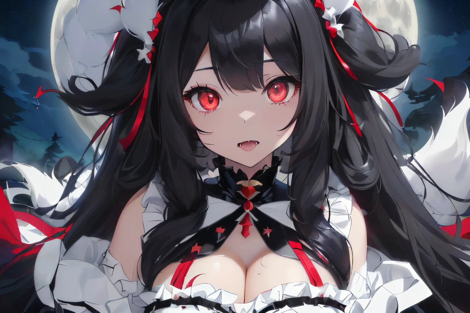 ((Black hair)),((curly fluffy hair)),((Super long hair)),((pale red eyes)),(double sleeve long sleeve clothes),(((A fluffy white dress with lots of ribbons on the chest))),((Black leather corset)),((Luxury costume with plenty of volume like a princess)),((Feeling of fatigue and weakness)),Slight red tide,(Stare at me with your mouth open),(Vampires),((long fangs)),(Yodare),(Kamimei),(((Super close-up of the face))),((Cute mascot-like black creature)),(Extra large full moon night),((Sharp eye light)),((Snake-like eyes)),((tome'i'I'm reaching out and inviting you.)),
