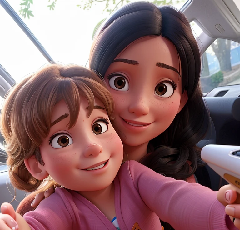 there is a woman and a child taking a selfie together, 35 year old tanned skinned mother, profile image, meni chatzipanagiotou, 30 years old woman, 6 years old, valentina remenar, marischa becker, ekaterina, alina ivanchenko, lorena avarez, alena, with a kid in disney pixard style