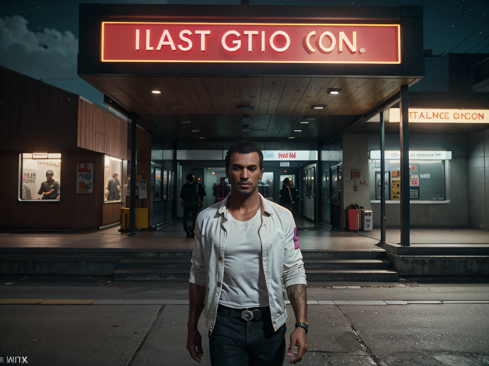 1980s Miami vice-style gast station at night , gta 6 character, GTA 5 Maxed Out Realistic Graphics Mod With Ray Tracing Gameplay On RTX4090 Ultra Settings 4K60FPS, masterpiece