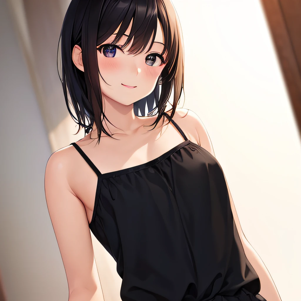 photographrealistic, (masutepiece,Best Quality:1.4),(8K,Raw photo,photographrealistic:1.2), Detailed skin,Detailed face,1girl in,Japanese Idol,Cute face, Black hair,Small breasts, slender, shiny eyes, Smile, BREAK (Side view:0.6), Cute camisole, pastel color
