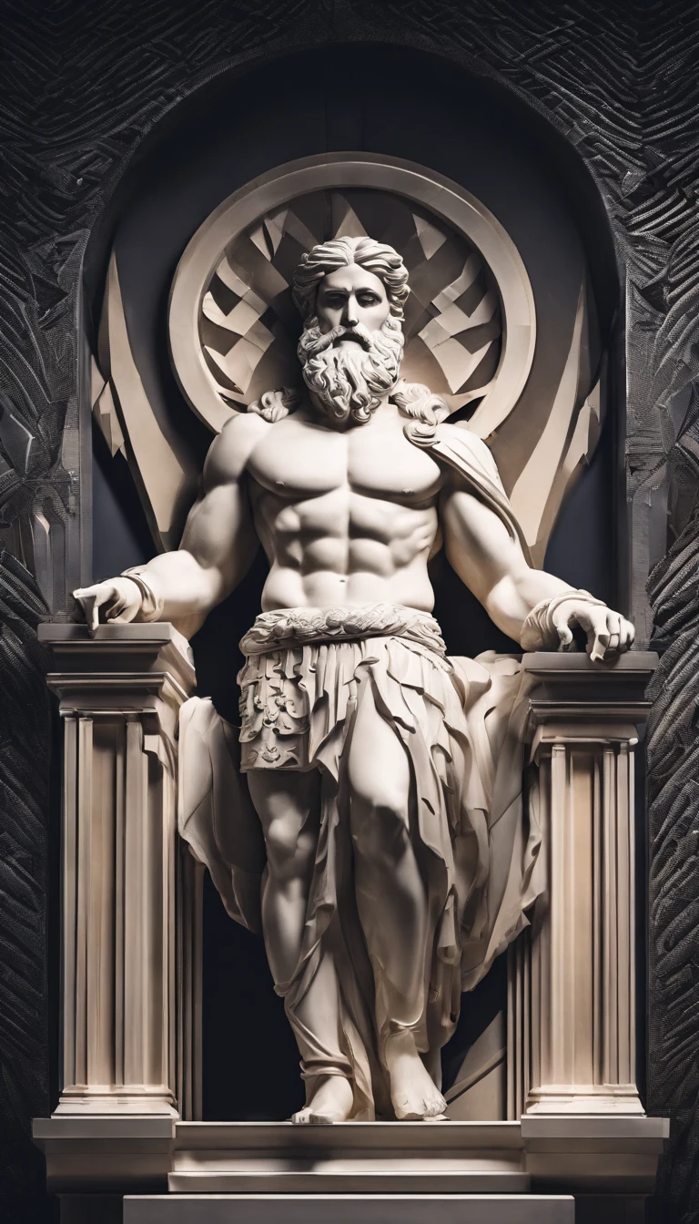 A stoic statue of Zeus STRONG.  dark atmosphere, high contrast of light and shadow, professional photography, utrarealistic, light volumetric, cinematic, studio photo, studio light, top-down light, UHD, 4k.