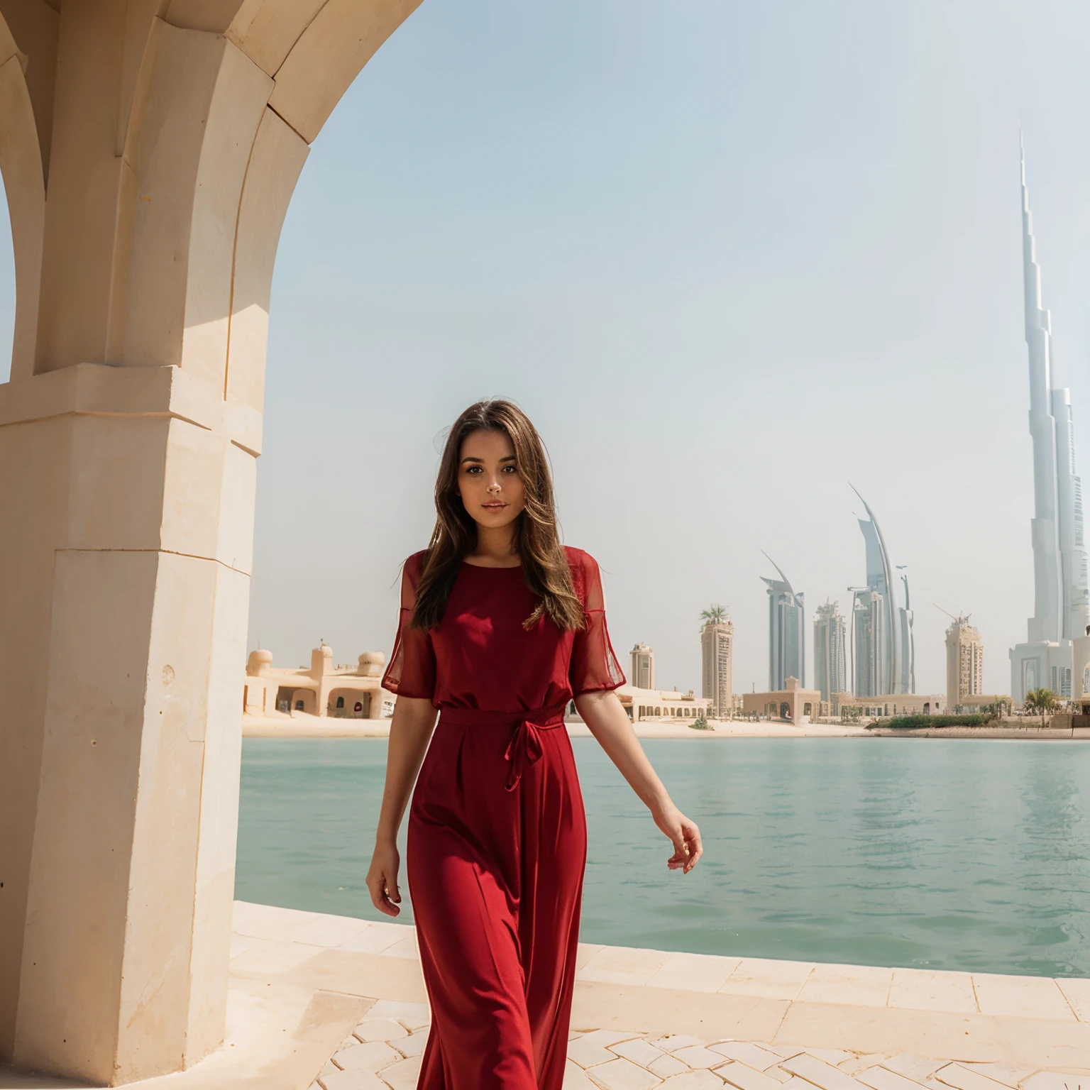 girl with brunette hair, long dress short red at dubai