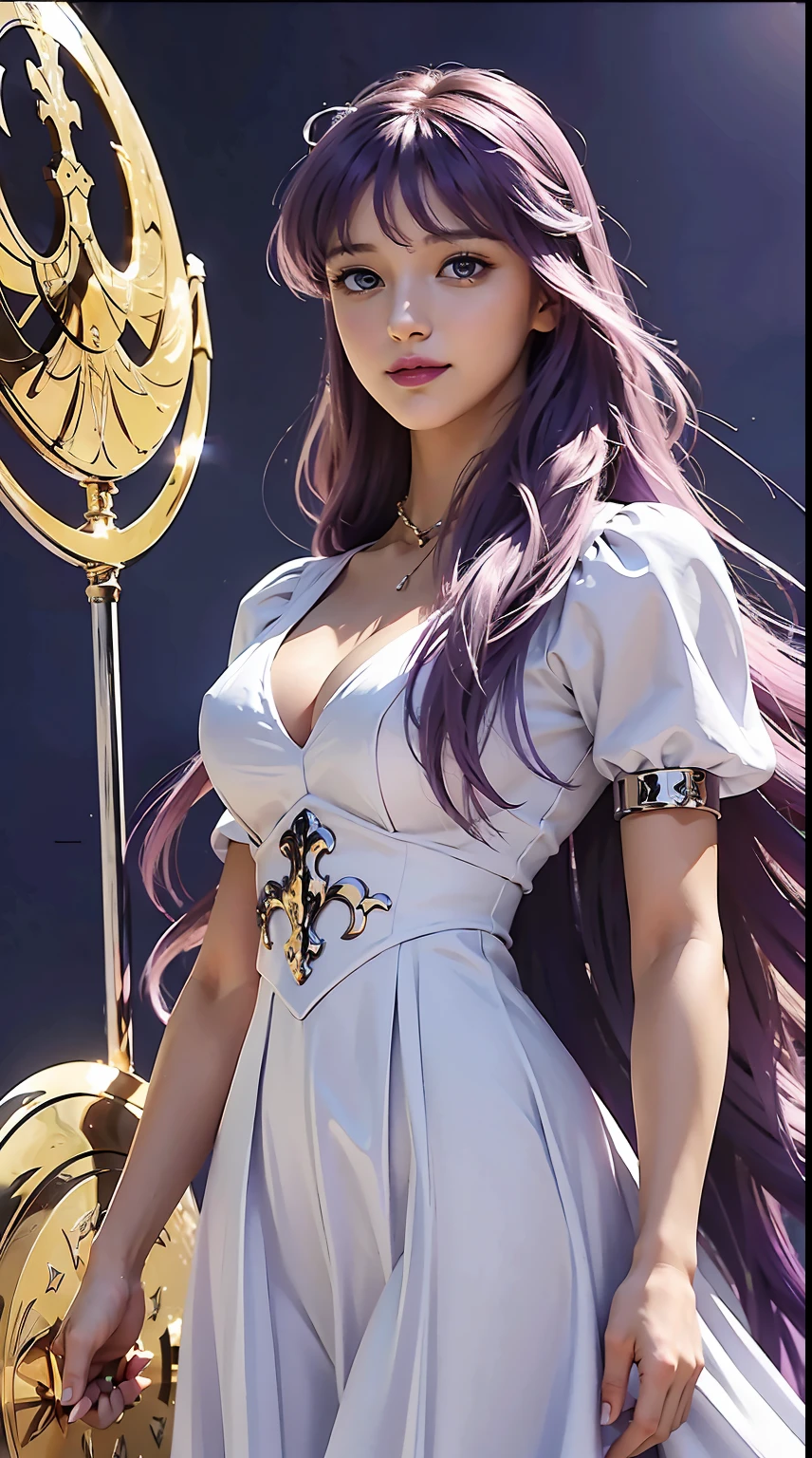 Kido_Saori, saori_sleeveless_white_dress, saori_accessories, staff_Nikke, athena_shield, athenaCloth_armor, saori_puffy_sleeves_white_dress, purple hair, long hair, beautiful, beautiful woman, perfect body, perfect breasts, smile, realism, masterpiece, textured leather, super detail, high detail, high quality, best quality, 1080p, 16k