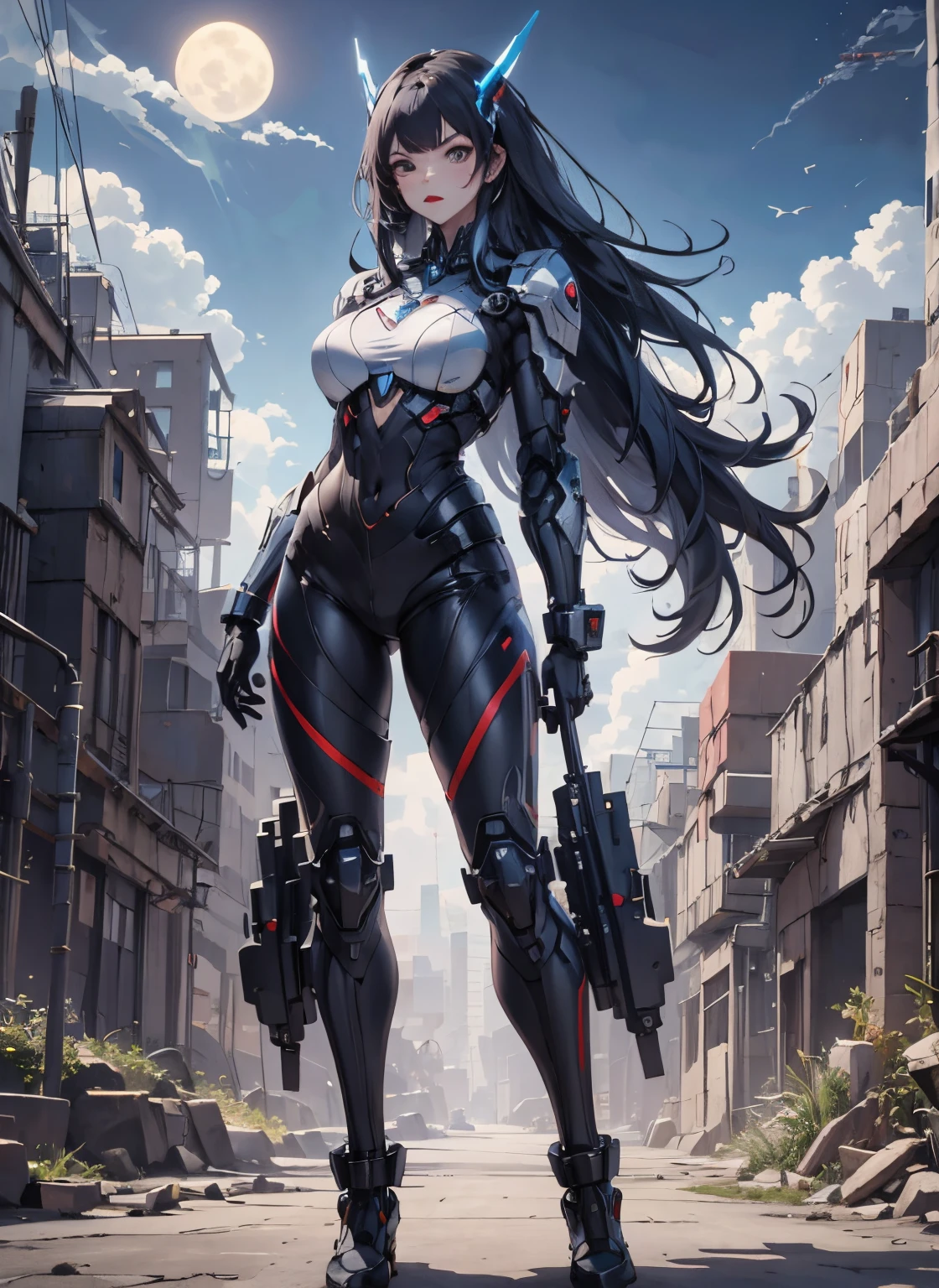 highes definition (8k), Linda mulher corpo definido detalhado, cabelos pretos azulado, Full body sexy pose using conan the barbarian cosplay, seios grandes, seios enormes, oppai, uniforme azul de alta tecnologia, cyberpunk, futurista, Scenery with night sky with clouds, lua, don't crop the feet,