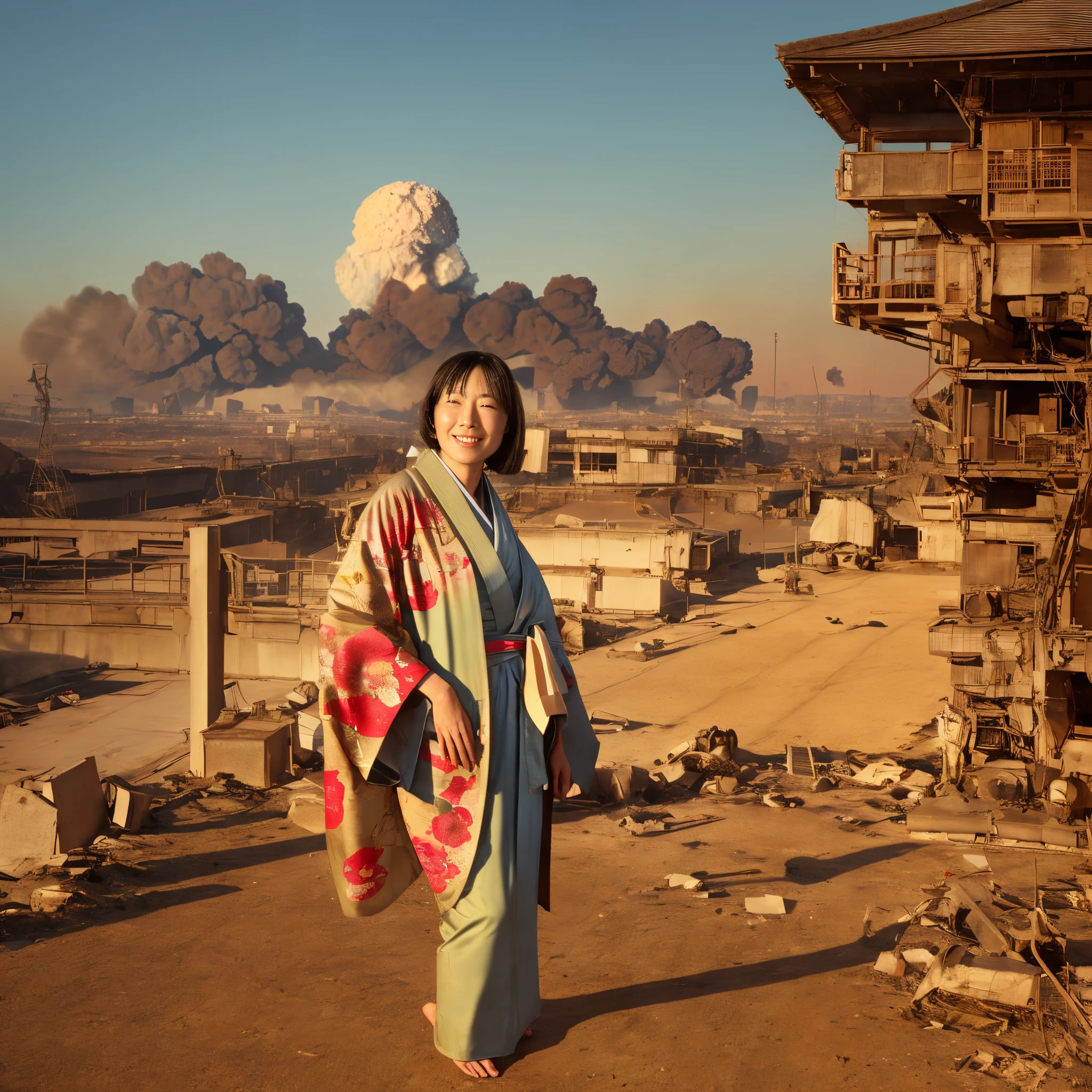 A beautiful Japanese woman, (torn kimono) standing on a bridge, she is wearing a silk green kimono she is laughing, the sky is blue, a city in the distance on fire, (atomic Bomb Explosion in the sky) (portrait view) "Big explosion" she has blood on her face, theres a UFO in the sky.hyper detailed, realistic skin texture, best quality, ultra high res, (photorealistic:1.4), "War" (actual, realistically:1.37), overexposed breasts, Extremely detailed installation , ((small)), Very detailed hand squeezing breast, ((Lop:1.1)), ((Extremely detailed installation :1.1)), slender hip, gigantic hip, unshaved pubic hair, no hair visible, show her whole body，Bigchest,