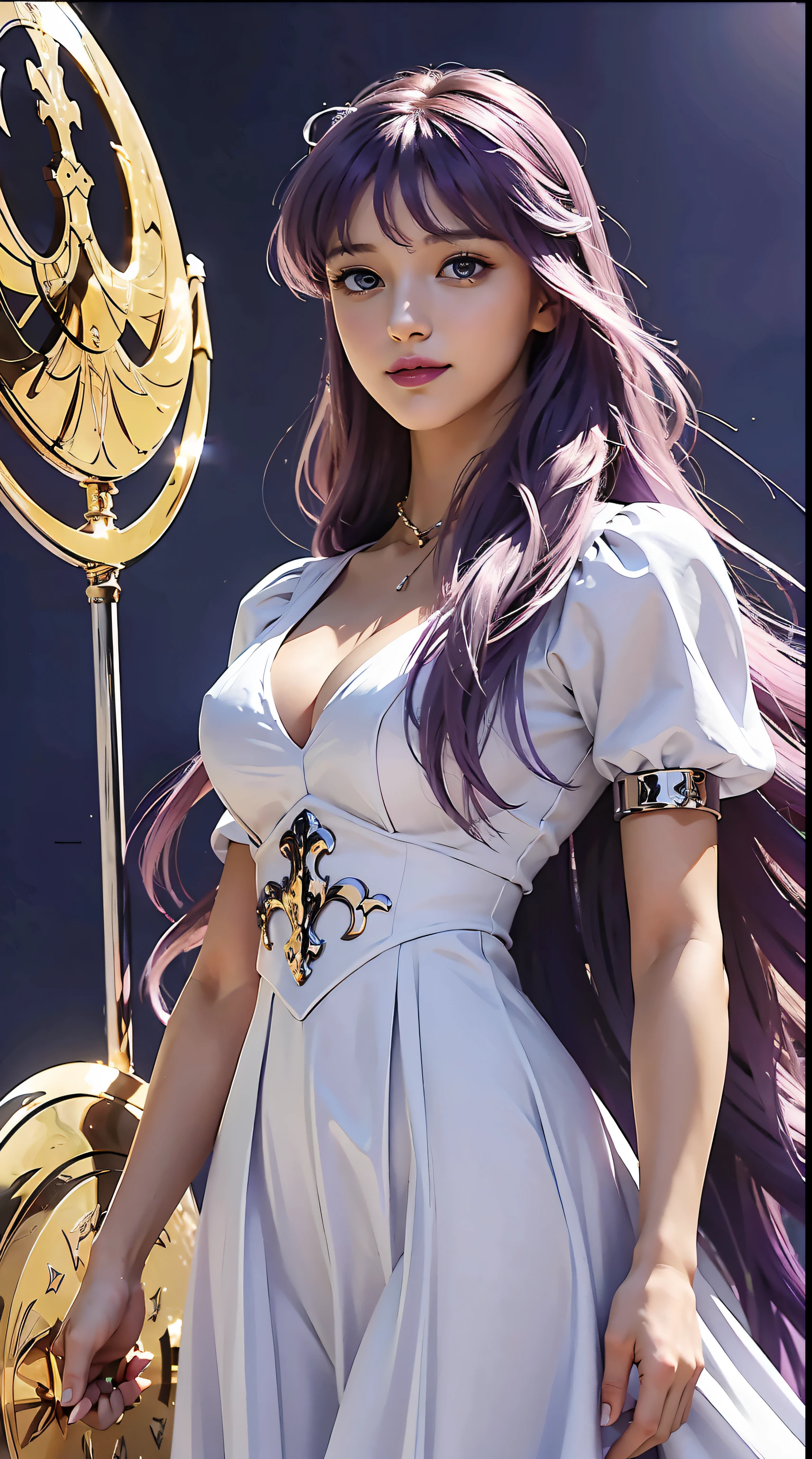 Kido_Saori, saori_sleeveless_white_dress, saori_accessories, staff_Nikke, athena_shield, athenaCloth_armor, saori_puffy_sleeves_white_dress, purple hair, long hair, beautiful, beautiful woman, perfect body, perfect breasts, smile, realism, masterpiece, textured leather, super detail, high detail, high quality, best quality, 1080p, 16k