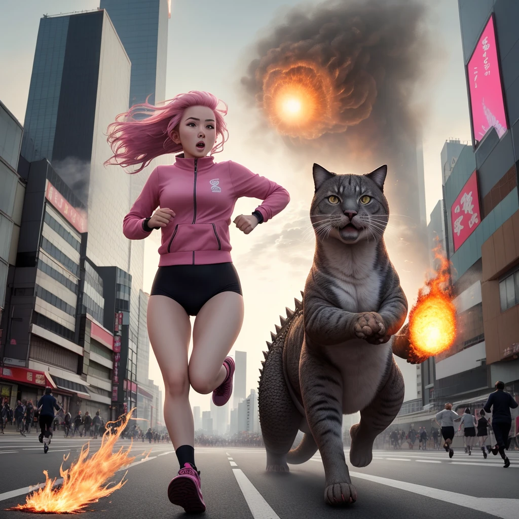 a beautiful and realistic girl with pink hair running , chased by GIANT CAT in the middle of pedestrian in TOKYO city, with background of GODZILLA blowing fire in building and full of cloud