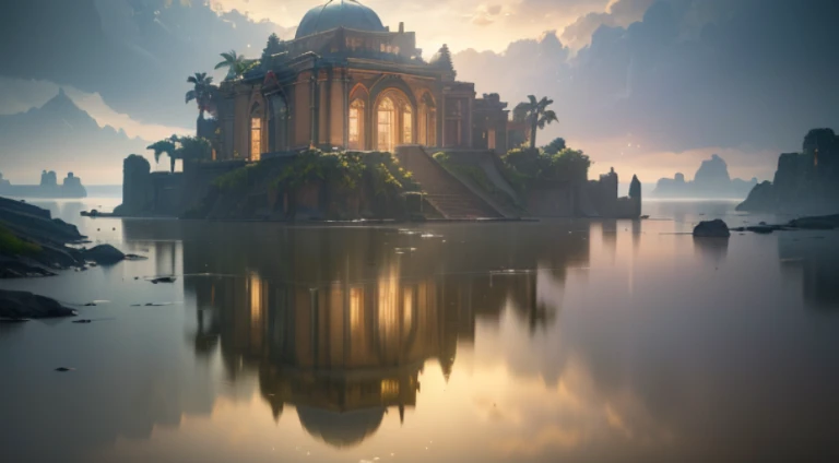 (8k, RAW photo, best quality, masterpiece:1.2), (realistic, photo-realistic:1.37), octane render, ultra high res, ultra-detailed, professional lighting, photon mapping, radiosity, physically-based rendering, ue5, ((island sanctuary)), ((ancient fallen kingdom)), ((reflections in water)), ((raytracing)), ((drowned city))