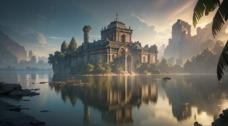 (8k, RAW photo, best quality, masterpiece:1.2), (realistic, photo-realistic:1.37), octane render, ultra high res, ultra-detailed, professional lighting, photon mapping, radiosity, physically-based rendering, ue5, ((island sanctuary)), ((ancient fallen kingdom)), ((reflections in water)), ((raytracing)), ((drowned city))