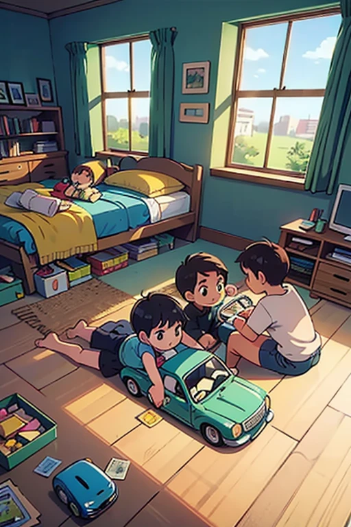 Two little boys lying on the ground,Assembling toy cars,background in room,There is sunlight in the windows,There are toy car parts on the ground,Overlooking the perspective,Miyazaki painting style,a warm color palette