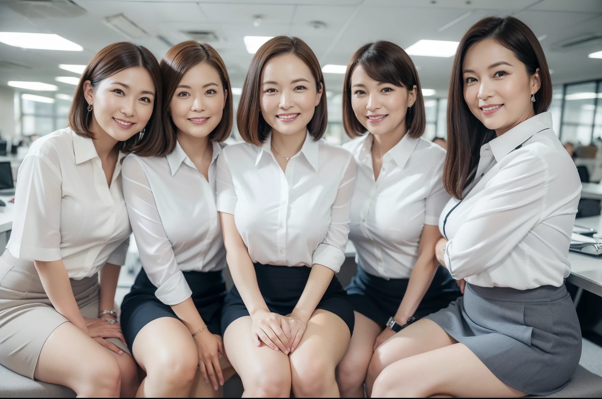 ((Best Quality, 8k, Masterpiecedetails, ultra-high resolution)), (group picture), (looking at the viewer), (fmiddle shot:), attractive business 5 milfs, 5 people, a bit chubby:0.25, white collared shirt, grey skirt, (sitting with cross legs on office desks)), smile, office of CEO,