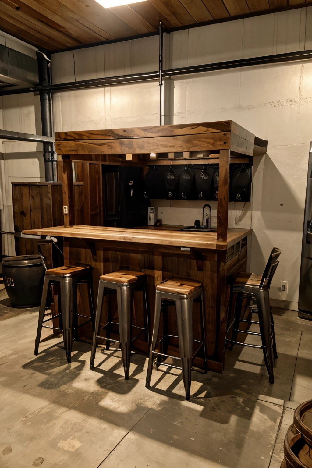 solid wood bar counter, five chairs, refrigerator for kegs