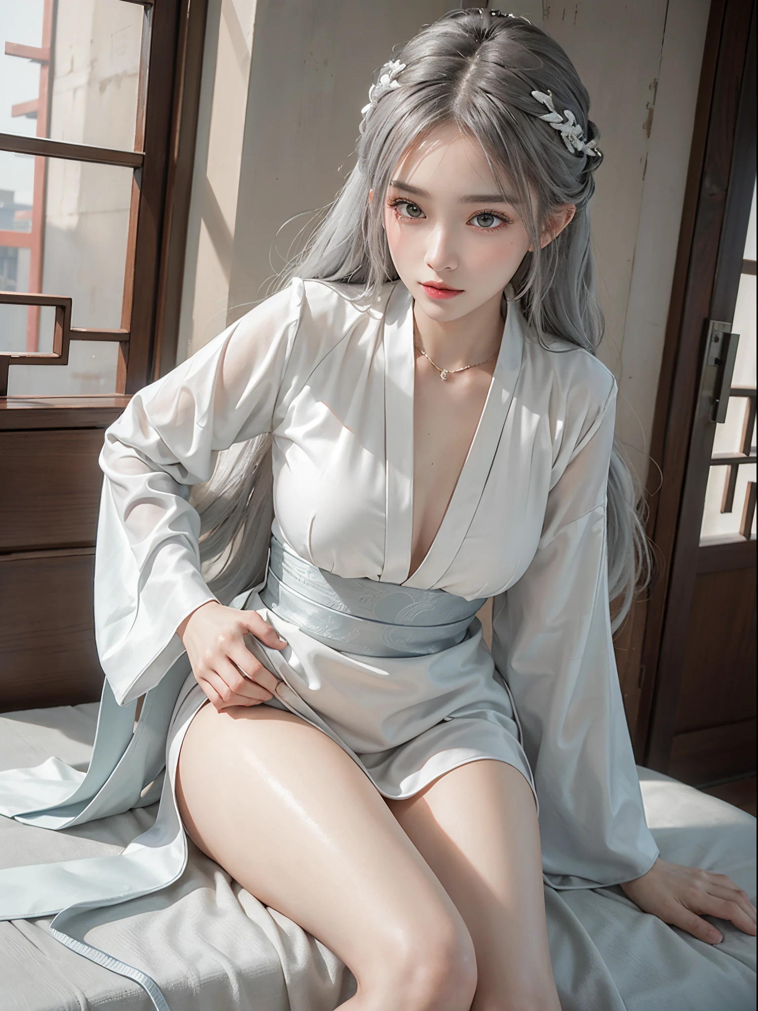(((Woman relaxing in bedroom)))、((Relaxing in the bedroom))、beautiful a girl、kawaii girl、１８age、Young face、a baby face、poneyTail、white  hair、(((Light purple hair)))、(((Wearing a black and white kurta)))、(((White and black kurta)))、A slender、skinny  body、Lean body、slim girl、Live-action quality、natural soft light、(Photorealsitic:1.4)、(Top image quality:1.2)、(超A high resolution:1.2)、8K、RAW Photography、reallistic、High Details、film grains、Detail Skin、bilaterally symmetrical、8K、(8K、realisitic、Raw photo、top-quality:1.4)、Realistic blue eyes、Beautiful Detail Eye、(Real skin:1.3)、Beautiful skin、enticing、超A high resolution、A hyper-realistic、high-detail、the golden ratio、(详细的脸:1.4)、beauitful face、(Real Face:1.4)、Delicate skin、Real human skin、pores、ultra-detailliert、fine、(​masterpiece : 1.2)、(perfect chest : 1.2)、(huge tit : 1.4)、ssmile、skinny face、Sharp face、a small face、Small face、thin shoulders、small shoulder、small shoulders width、Slim shoulders、Thin shoulders width、Beautiful Japan girl、Beautiful Korean Girl、Slim girl model、From the knee up、Young gravure idols、Realistic Young Gravure Idol、Young Sensual Gravure Idol、Young Pretty Gravure Idol、Japanese Models、Young Gravure Idol