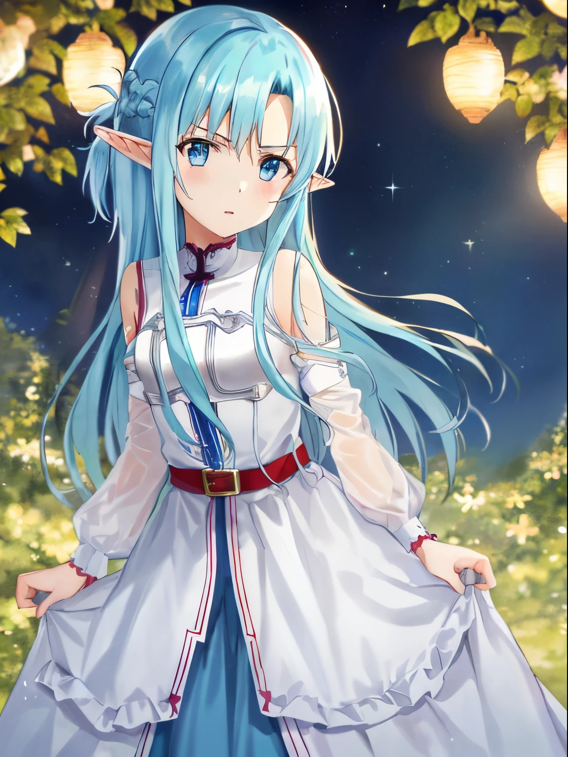 An ultra-high picture quality、(​masterpiece)、[[3D images:1.25]]、(top-quality:1.2), Solo, Singhati, Serious,, illustratio、white and blue clothes、full-body view,best pictures、Close up of Asuna Yuuki、(((\Asuna is an elf with light blue hair and light blue eyes.\)))、elf-ears、Attractive ite cute girl, Cowboy Shot,
