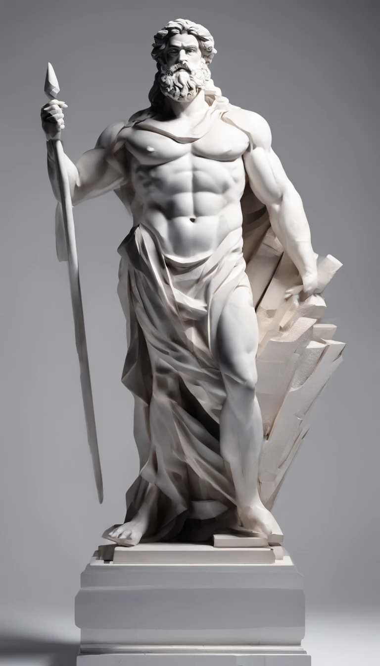 A stoic statue of Zeus STRONG. dark atmosphere, high contrast of light and shadow, professional photography, utrarealistic, light volumetric, cinematic, studio photo, studio light, top-down light, UHD, 4k.