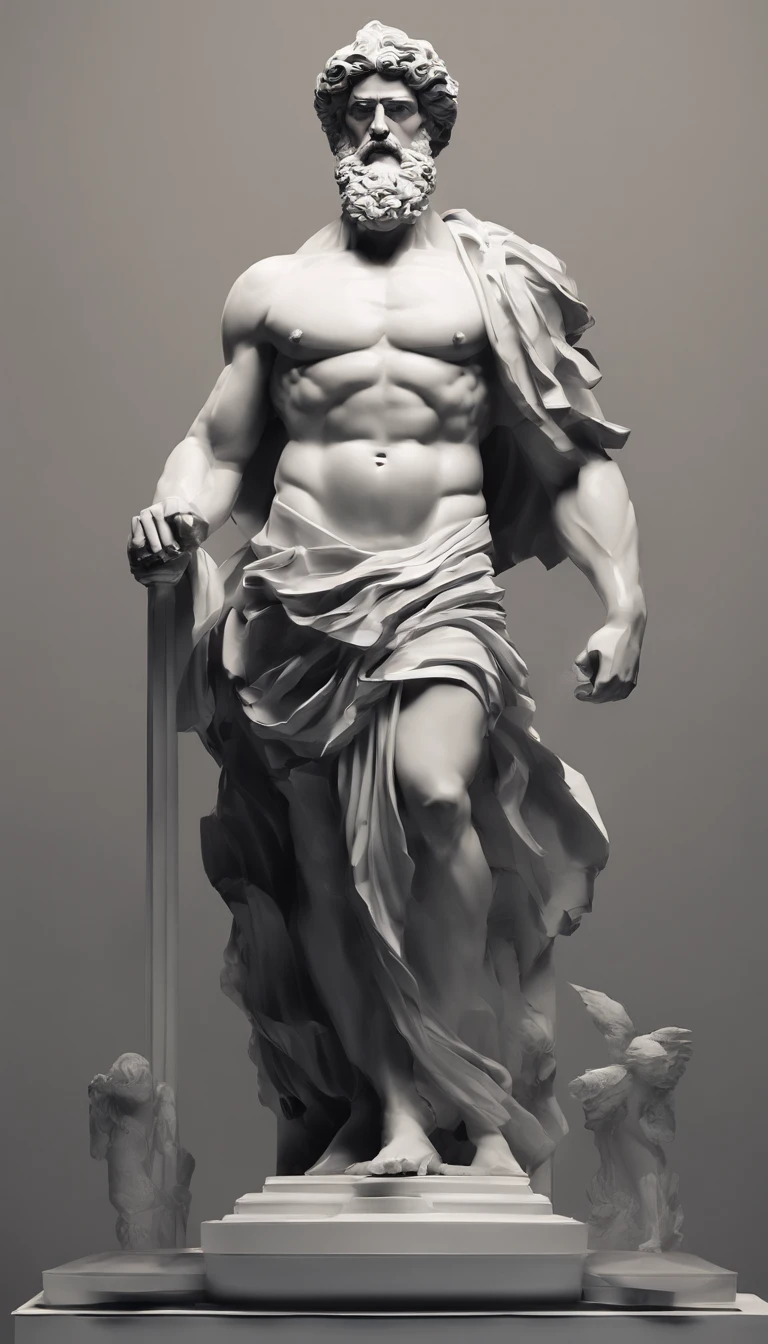 A stoic statue of Zeus STRONG. dark atmosphere, high contrast of light and shadow, professional photography, utrarealistic, light volumetric, cinematic, studio photo, studio light, top-down light, UHD, 4k.