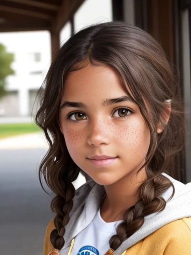 1girl. Tan skin, freckles on nose, freckles on cheeks, dark brown hair, wavy hair, hair braid, pregnant, hoodie, school
