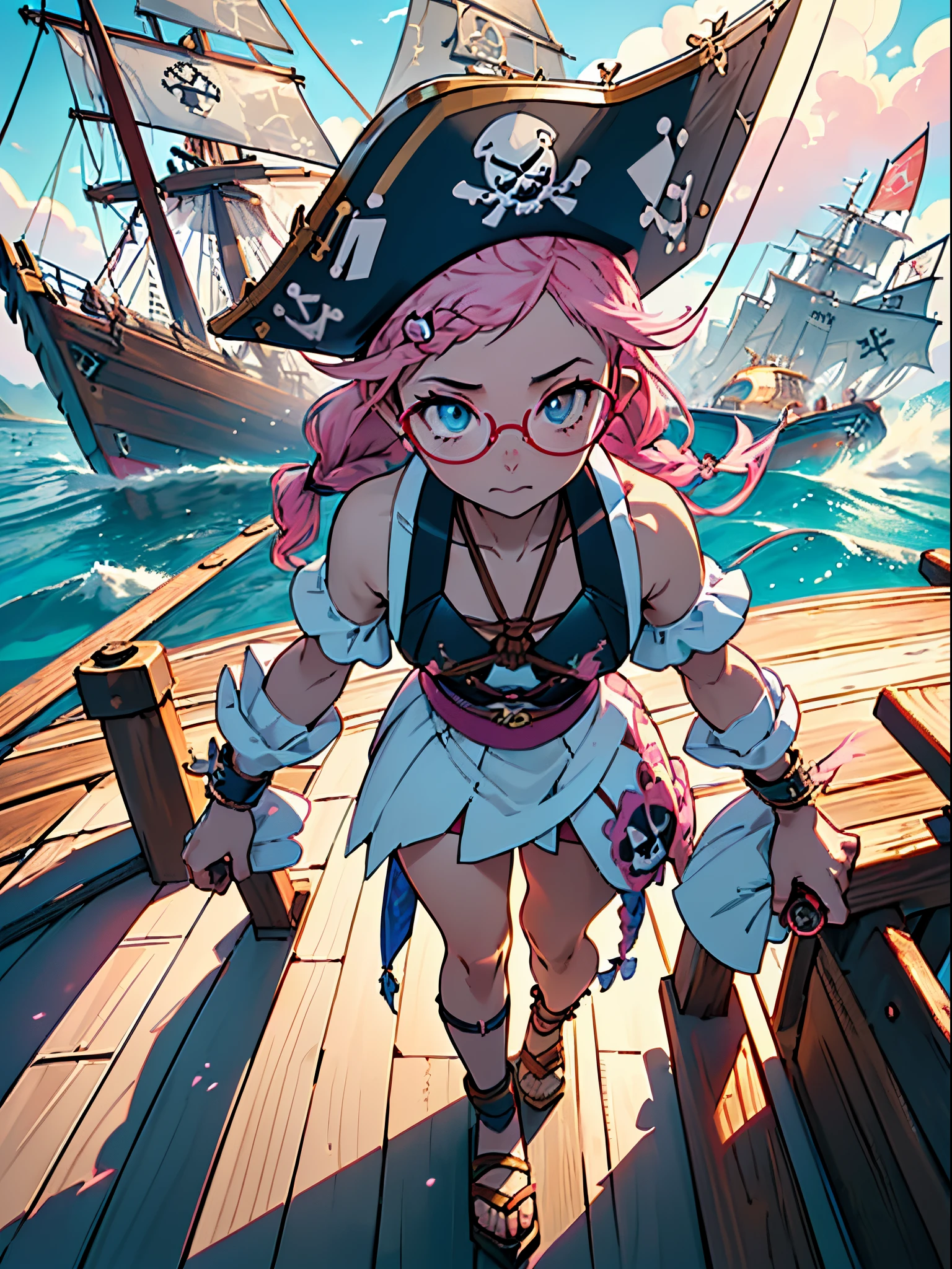 (On the table, Best quality at best, 8K:1.37), offcial art, (s fractal art:1.3), Alone, ((Maids wear, arms  cuffs, art deco hat, with pink hair, blueneyes, Round glasses, Double up braid, Dozico, holding a weapon:1.4)) ,super dangerous girl, ((Holding Weapon 1.2)), JRPG character art,Extreme closeup, Lolita prostitute,dyna, small curvaceous loli, Detailed clothes, Front view, Character focus, In heaven, ​​clouds, the sunset, Colorful, movie magic lighting, holy rays, Gold particles, llight rays,((Detailed broken pirate ship background、Wooden deck、bigger、mast、Boat railings、ropes、Windsurfing、:1.2))，Full body photo