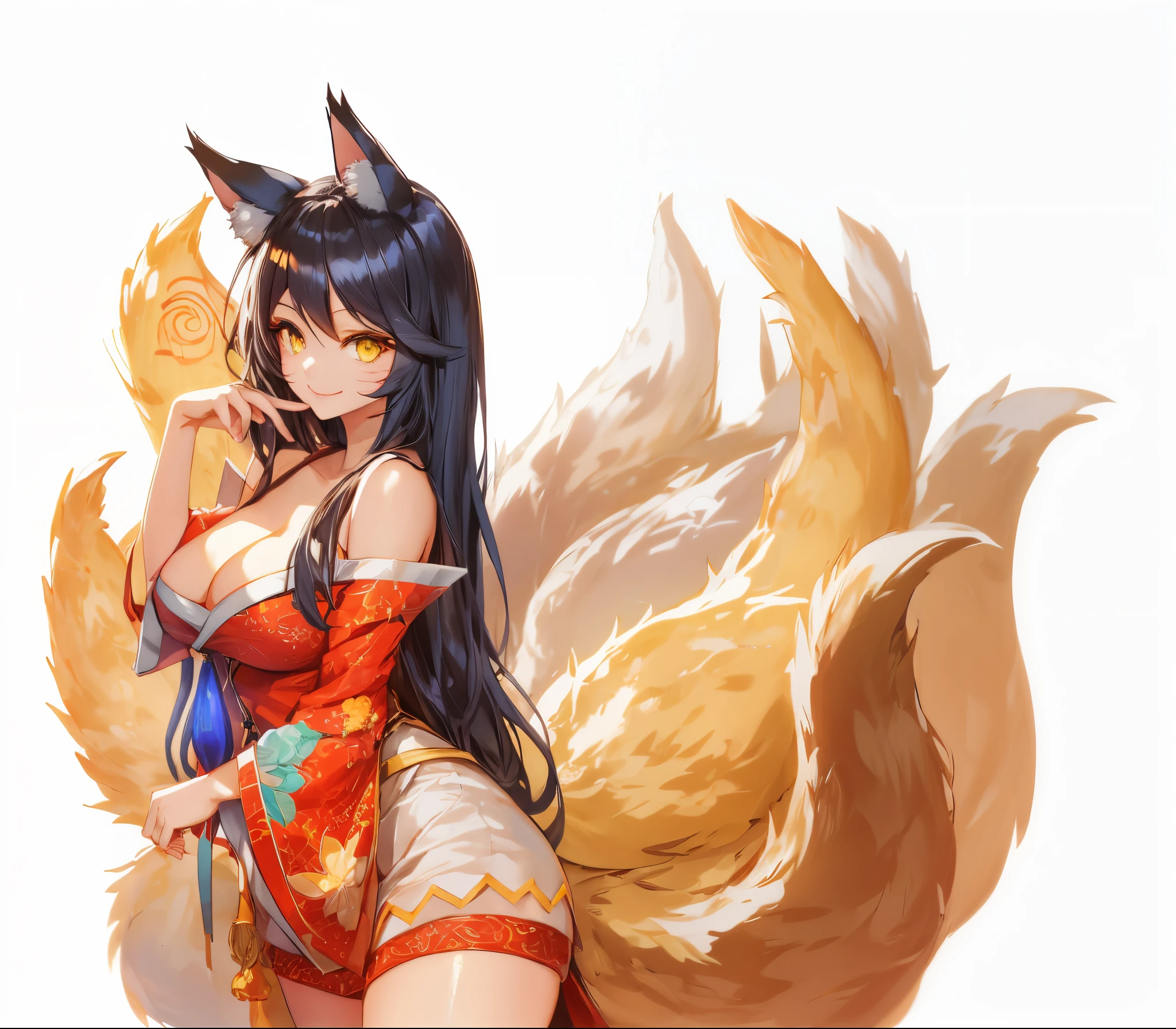 big breasts enchanting, Large breasts, ((Cleavage is seductive)),tmasterpiece,Best quality at best,1个Giant Breast Girl,yellow-eyed,long whitr hair,(ahri),brunette color hair,Permanent,Nine tails,ssmile,natural,hair adornments,Animal ear,bru,Best quality at best,1 plump girl,inksahli,Multi-tailed , Foxtail, forked tail, nine furry tails, seduct smile, ((Blank background))