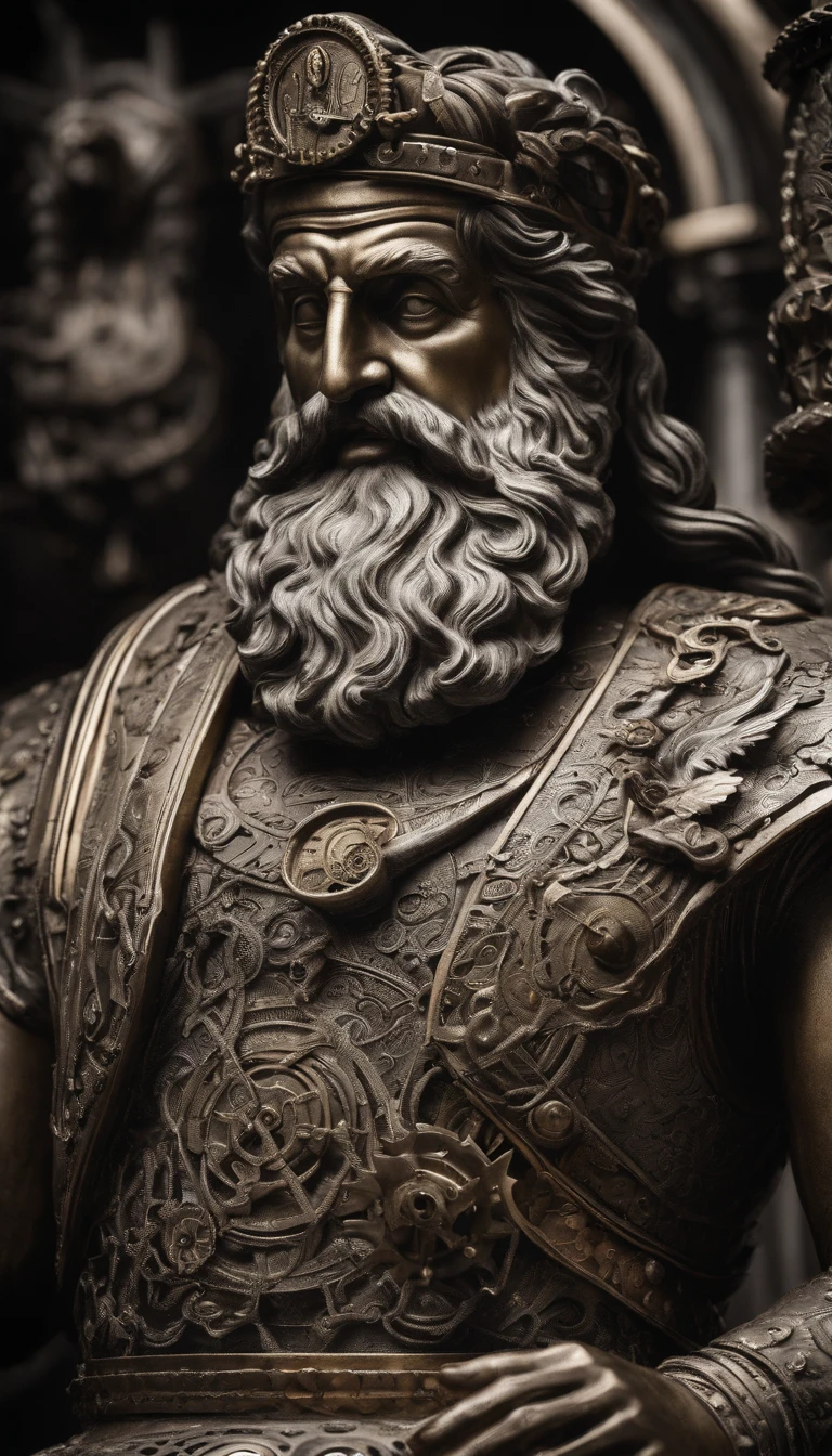 A stoic statue of Zeus STRONG. dark atmosphere, high contrast of light and shadow, professional photography, utrarealistic, light volumetric, cinematic, studio photo, studio light, top-down light, UHD, 4k.
Black and white image