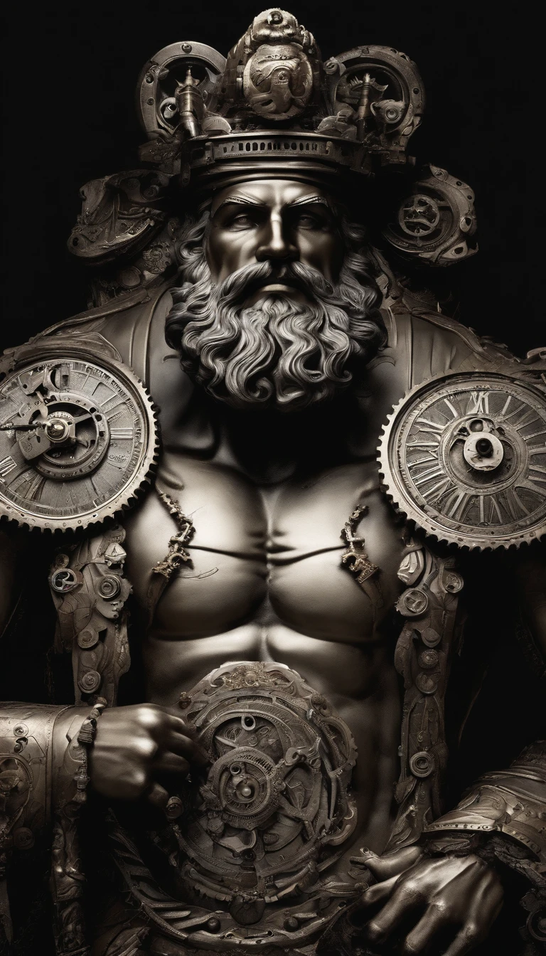 A stoic statue of Zeus STRONG. dark atmosphere, high contrast of light and shadow, professional photography, utrarealistic, light volumetric, cinematic, studio photo, studio light, top-down light, UHD, 4k.
Black and white image