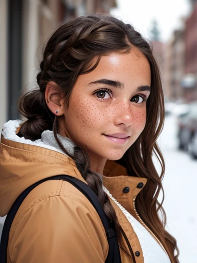 1girl. Tan skin, freckles on nose, freckles on cheeks, dark brown hair, wavy hair, hair braid, pregnant, light jacket, snow