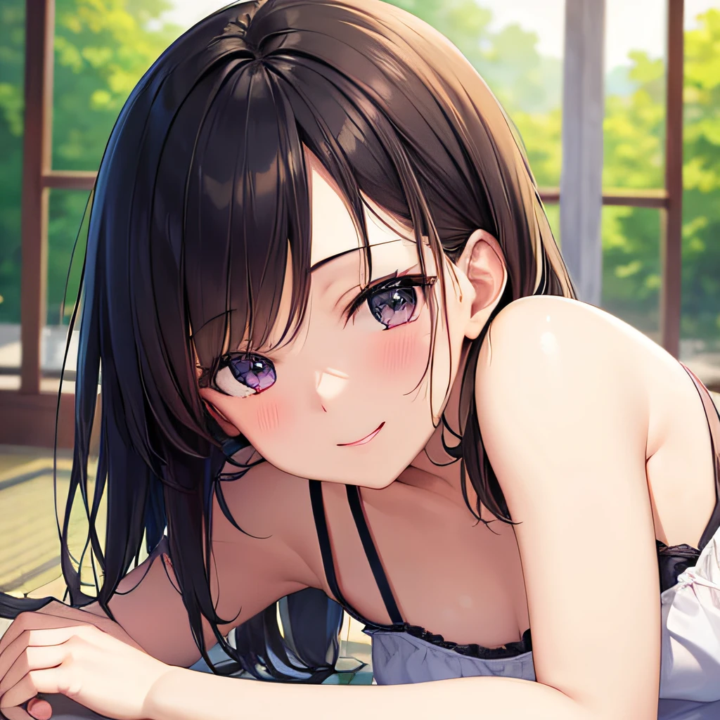 photographrealistic, (masutepiece,Best Quality:1.4),(8K,Raw photo,photographrealistic:1.2), Detailed skin,Detailed face,1girl in,Japanese Idol,Cute face, Black hair,Small breasts, slender, shiny eyes, Smile, BREAK (Side view:0.6), Cute camisole, pastel color