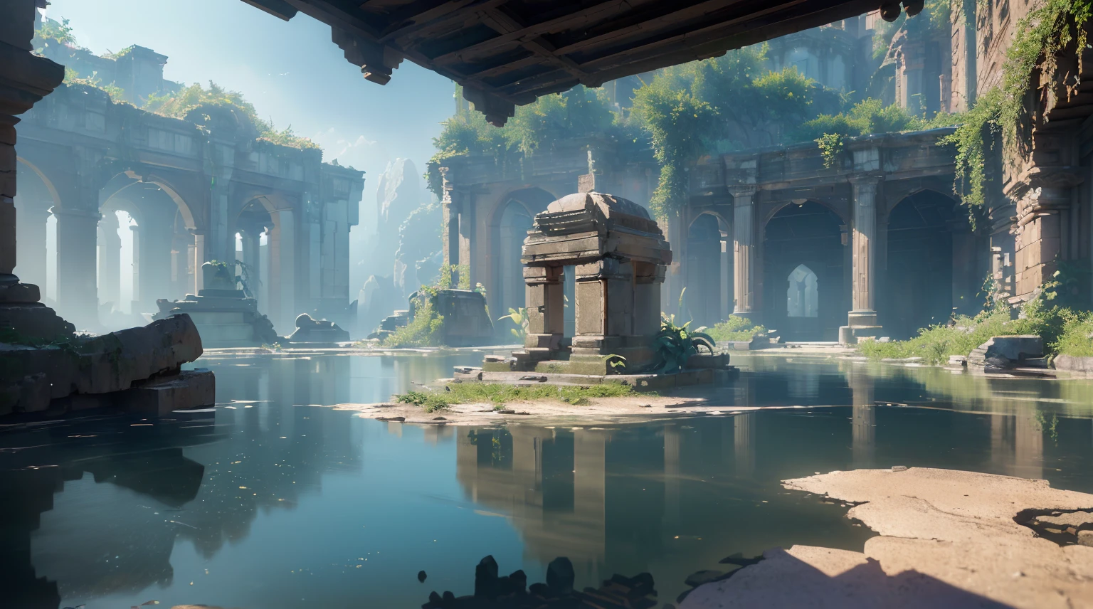 (8k, RAW photo, best quality, masterpiece:1.2), (realistic, photo-realistic:1.37), octane render, ultra high res, ultra-detailed, professional lighting, photon mapping, radiosity, physically-based rendering, ue5, ((island sanctuary)), ((ancient fallen kingdom)), ((reflections in water)), ((raytracing)), ((drowned city))