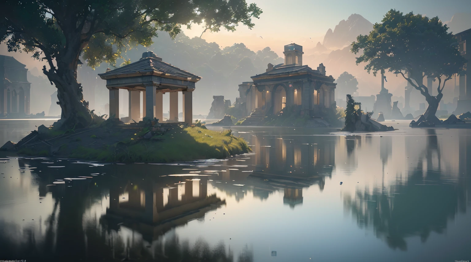 (8k, RAW photo, best quality, masterpiece:1.2), (realistic, photo-realistic:1.37), octane render, ultra high res, ultra-detailed, professional lighting, photon mapping, radiosity, physically-based rendering, ue5, ((island sanctuary)), ((ancient fallen kingdom)), ((reflections in water)), ((raytracing)), ((drowned city))