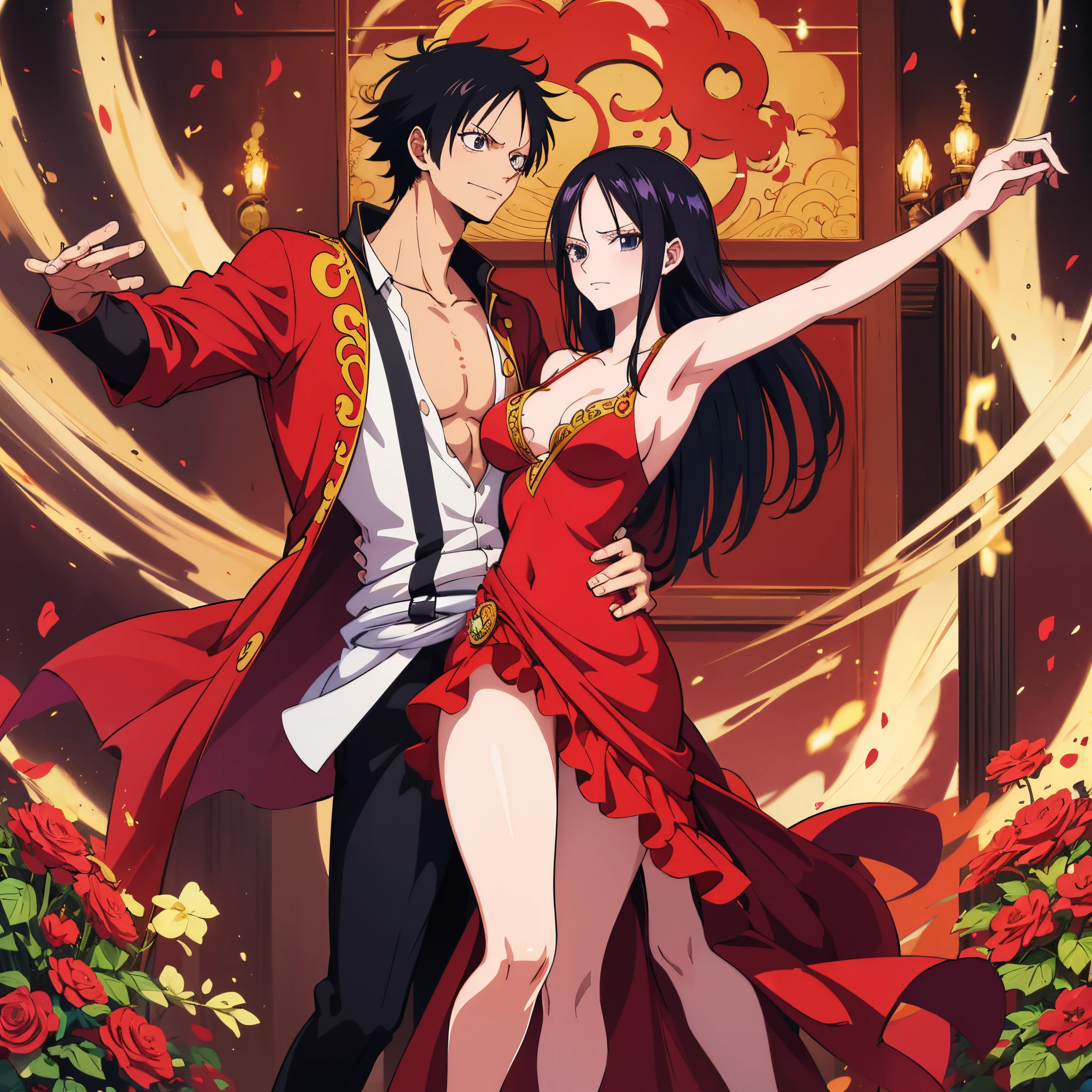 Onepiece monkey d Luffy boa Hancock dressed in formal clothes dancing in a ballroom, shoujo romance, anime key visual of elegant, ballroom background, dancing with each other, beautiful anime art style style of guweiz, masayoshi suto and artgerm, 4 k manga wallpaper, highly detailed exquisite fanart