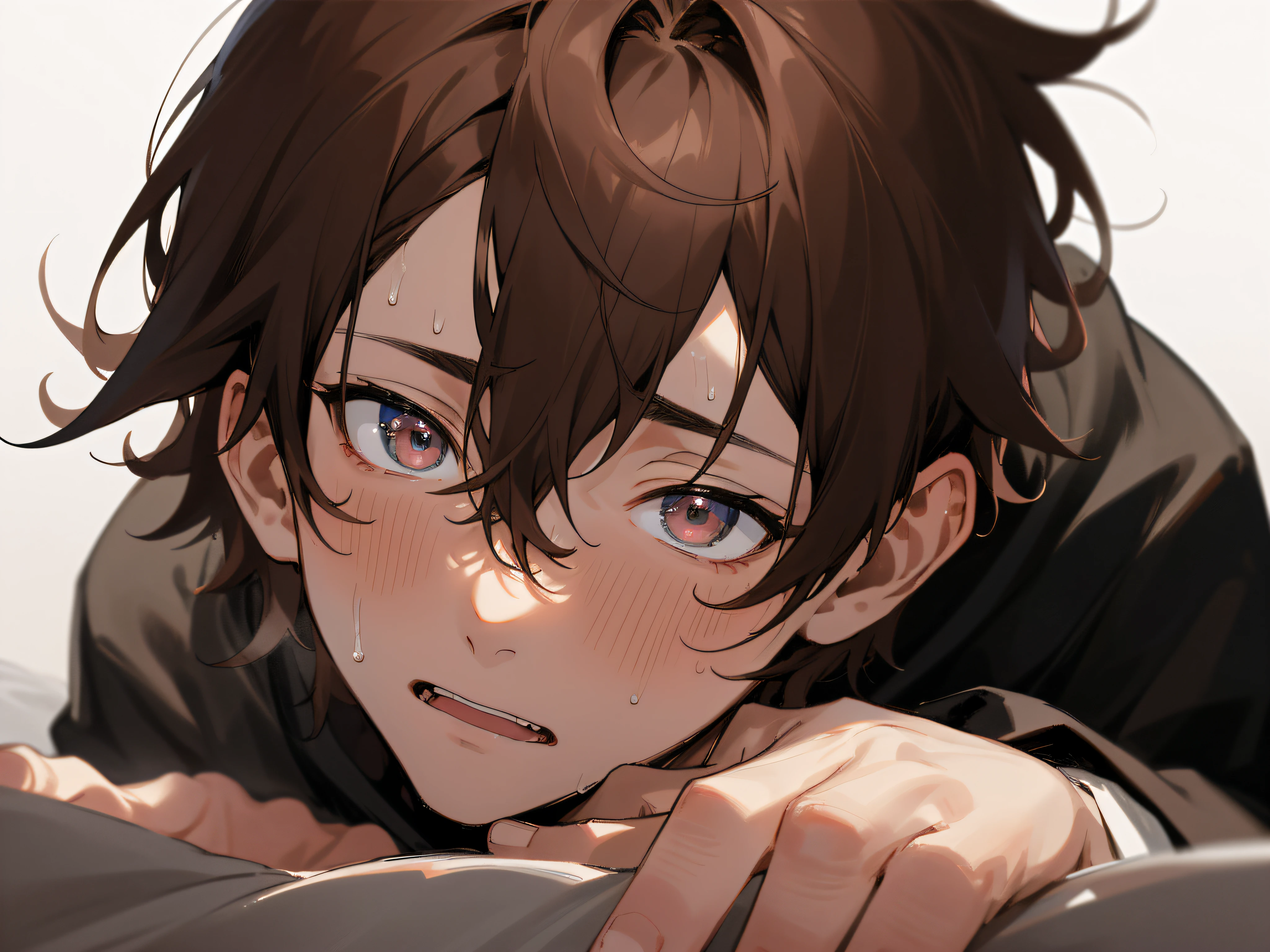 male people, 26 years old,1 boy、Brown hair、Black hoodie,eyes are brown,Angle from below,close up of face,Push your audience down,get on board,Sweating,Impatient expression,Background Hotel,a bed,up on the face,natta