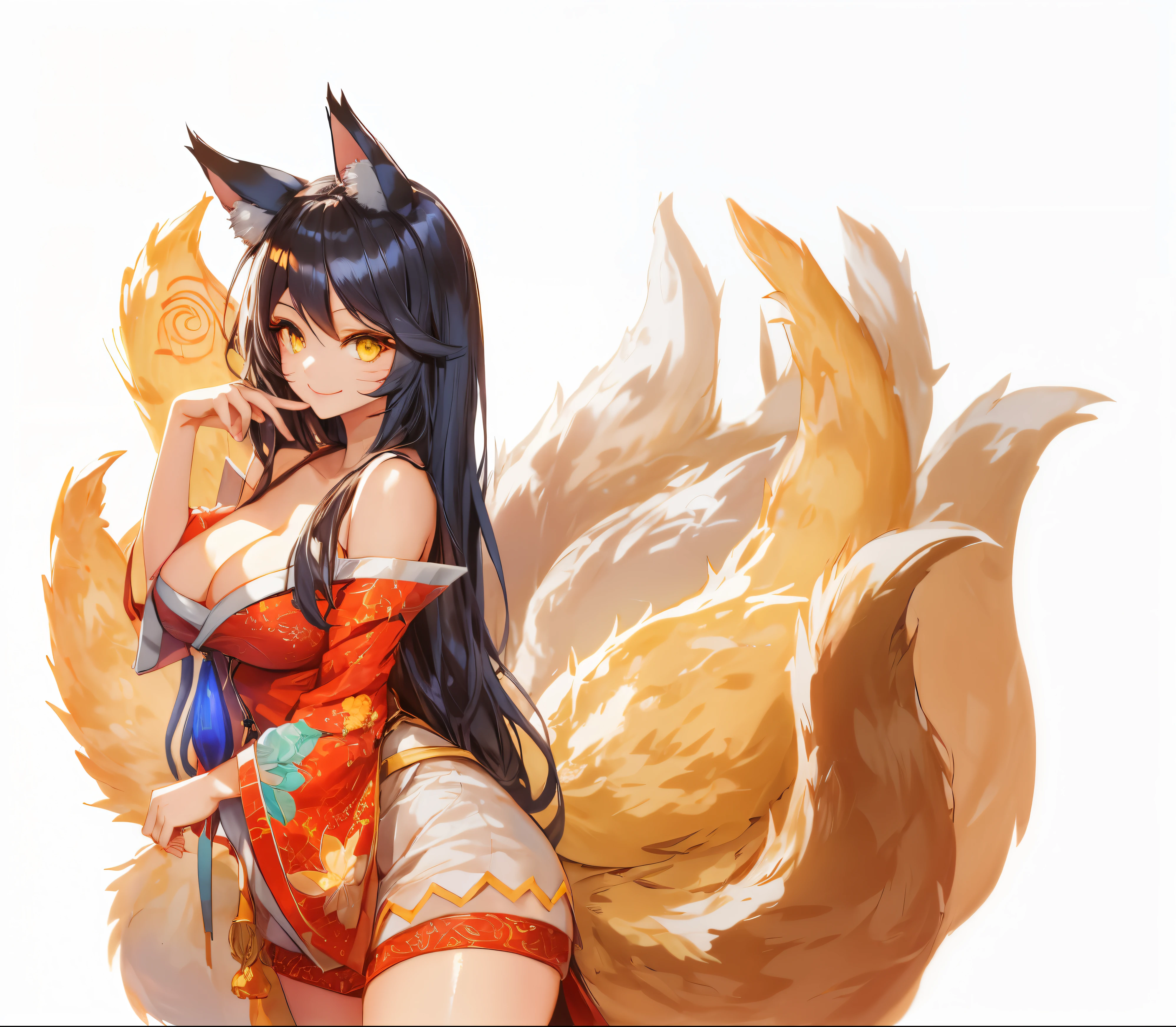 Big breasts are charming, Large breasts, ((The cleavage is tempting)),tmasterpiece,Best quality,1 busty girl,yellow eyes,Long gray hair,(ahri),black hair color hair,Eternal,Nine tails,ssmile,natural,hair adornments,Animal ears,booru,Best quality,1 plump girl,inksahli,Multi-tailed , Foxtail, forked tail, nine furry tails, Seductive smile, ((Blank background))