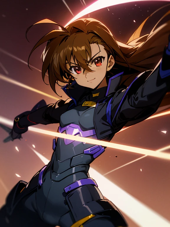 (Dark skin otokonoko), (1 boy) very long dark brown hair, red eyes, (flat chested) wearing Magical Girl Lyrical Nanoha StrikerS: Vivio Takamachi black barrier jacket,  black armoured bodysuit, black gauntlets, Cute smile