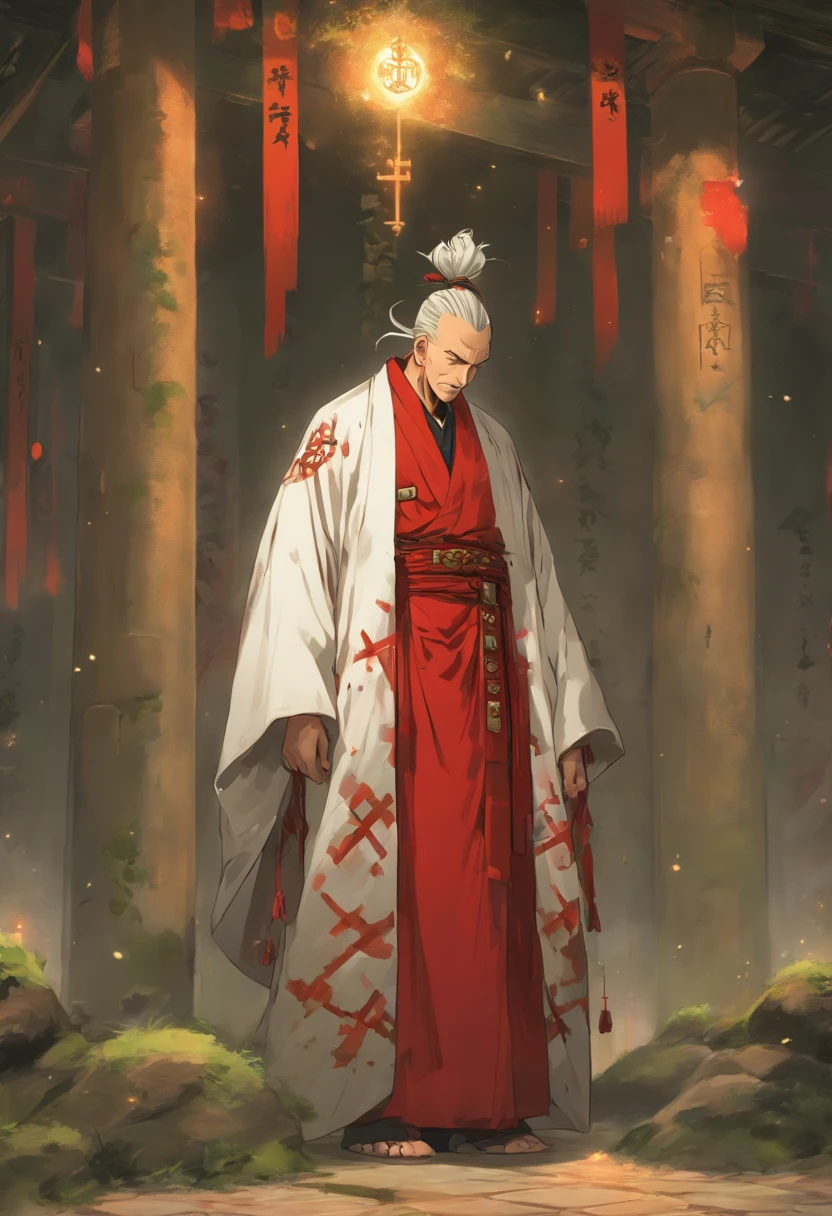 (8K、Best quality at best、tmasterpiece:1.2)、(Endless realism、フォトリアリスティック:1.37)、hyper-detailing,Full body lesbian,(1 boy:1.2),Alone,(This is a scrawny old man：1.2),Komrosto Quartet,The bones of the arm are vaguely visible,Eighty-year-old man,forehead full of wrinkles,(Roman nose：1.1),white haired Cangcang,thick white eyebrows,(With his eyes closed),The skin is very white.(This is a cult leader：1.3),(White silk robe with gold trim)+(A red inverted cross pendant hangs around the neck),(Wearing a kimono with black moire underneath the robe：1.2).Underground chamber in the background,[scary meat punk style],(huge altar of flesh and blood：1.3),Place torches on the wall for lighting,(The gaps between the gravel bricks are covered with moss：1.2)+(Pentagram magic circle drawn with blood on the ground：1.2)