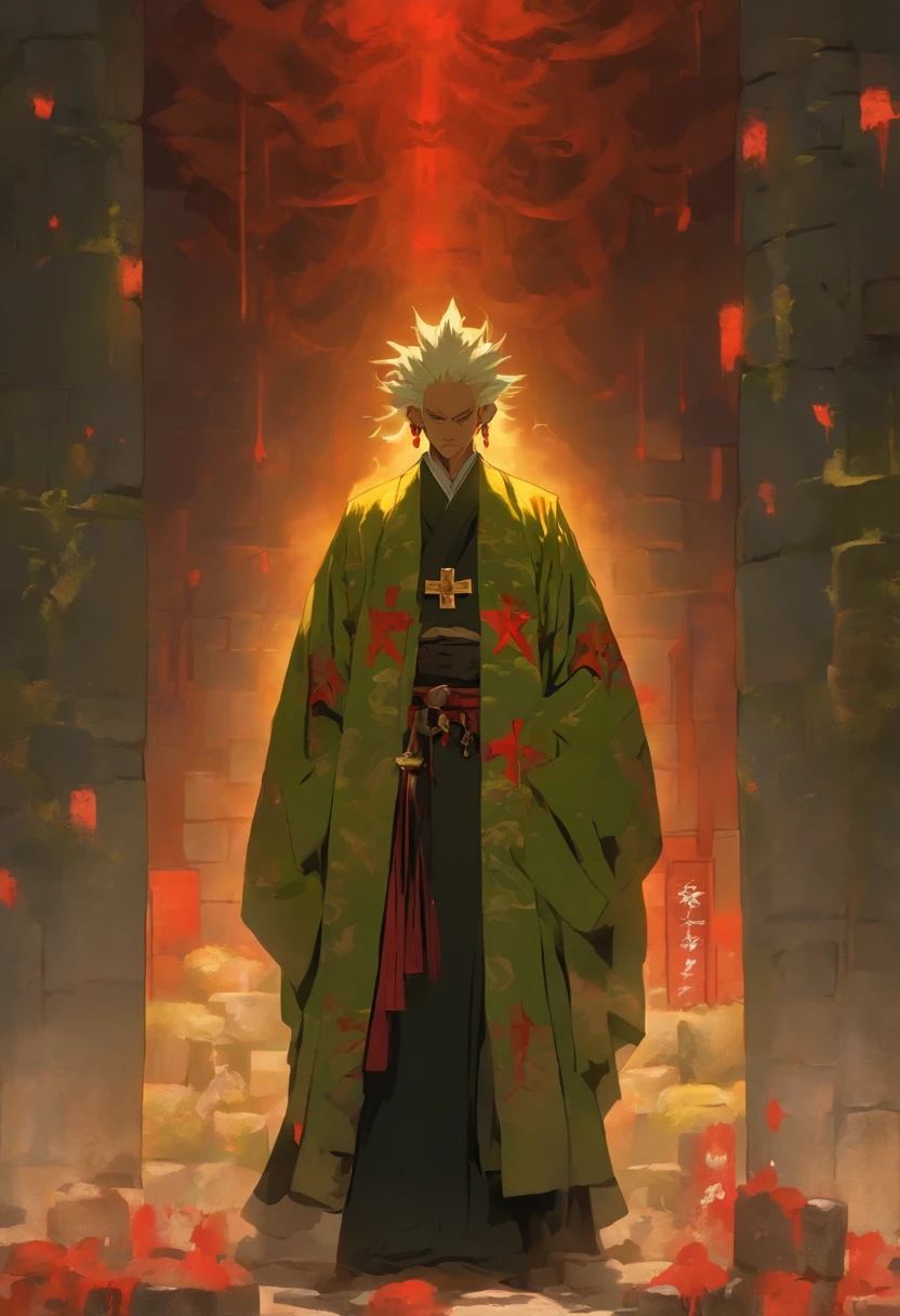 (8K、Best quality at best、tmasterpiece:1.2)、(Endless realism、フォトリアリスティック:1.37)、hyper-detailing,Full body lesbian,(1 boy:1.2),Alone,(This is a scrawny old man：1.2),Komrosto Quartet,The bones of the arm are vaguely visible,Eighty-year-old man,forehead full of wrinkles,(Roman nose：1.1),white haired Cangcang,thick white eyebrows,(With his eyes closed),The skin is very white.(This is a cult leader：1.3),(White silk robe with gold trim)+(A red inverted cross pendant hangs around the neck),(Wearing a kimono with black moire underneath the robe：1.2).Underground chamber in the background,[scary meat punk style],(huge altar of flesh and blood：1.3),Place torches on the wall for lighting,(The gaps between the gravel bricks are covered with moss：1.2)+(Pentagram magic circle drawn with blood on the ground：1.2)