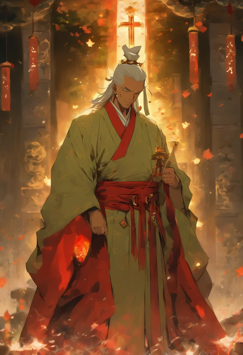(8K、Best quality at best、tmasterpiece:1.2)、(Endless realism、フォトリアリスティック:1.37)、hyper-detailing,Full body lesbian,(1 boy:1.2),Alone,(This is a scrawny old man：1.2),Komrosto Quartet,The bones of the arm are vaguely visible,Eighty-year-old man,forehead full of wrinkles,(Roman nose：1.1),white haired Cangcang,thick white eyebrows,(With his eyes closed),The skin is very white.(This is a cult leader：1.3),(White silk robe with gold trim)+(A red inverted cross pendant hangs around the neck),(Wearing a kimono with black moire underneath the robe：1.2).Underground chamber in the background,[scary meat punk style],(huge altar of flesh and blood：1.3),Place torches on the wall for lighting,(The gaps between the gravel bricks are covered with moss：1.2)+(Pentagram magic circle drawn with blood on the ground：1.2)