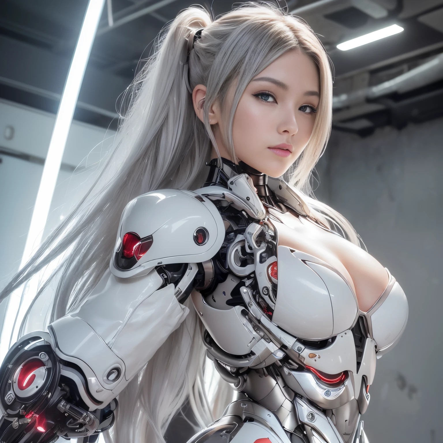 Beautiful Face,face is Japan, 1 Woman, Big, Curvaceous, (16k, RAW photo, top quality, masterpiece: 1.2), (HDR, Realistic, Photorealistic: 1.37) (tube attached to the body), (Bikini Cyborg robot parts)))), (light gray hair), Long hair, Wavy hair, Twin tails, Medium shot, ( Seductive smile)), (black eyes), double eyelids, princess cut, from below, (whole body),posing,,in the lab,( tube connected to blood vessel),((mechanical vertebrae attached to the back)),((mechanical neck attached to the neck)),(wire and cable attached to head and body),(character focus),science fiction,perfect female figure,perfect anatomy, hyperanatomy, full body shot, up to four fingers and one thumb relationship,