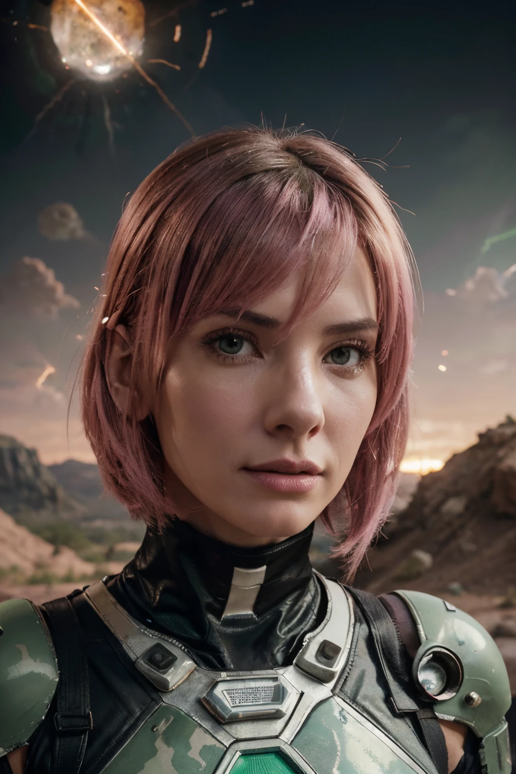 A Modern flat toon Crazy whit a Big ONE a Only Eye Robot and helmet Style, like Sandra Bullock nude in PINK hair, pinhead, camouflage Pink Light Green Rusty, Ambient in a meteorite crater super detailed, center, beautiful, soft lighting, focused on the character, 4K resolution, photorealistic rendering,