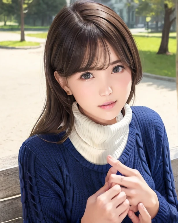 pureerosface_v1:0.3, best quality, photorealistic, 8k, high res, full color, 1girl, woman, 20 years old woman, closed mouth, (skindentation), (portrait:0.6), trees, park bench, daylight, ((park background:1.52)), full color, ((necksweater:1.68)), looking at viewer:1.8, (1girl eyes looking at viewer:1.55), (medium-length hair, brownhair, partedbangs:1.45), (bokeh),