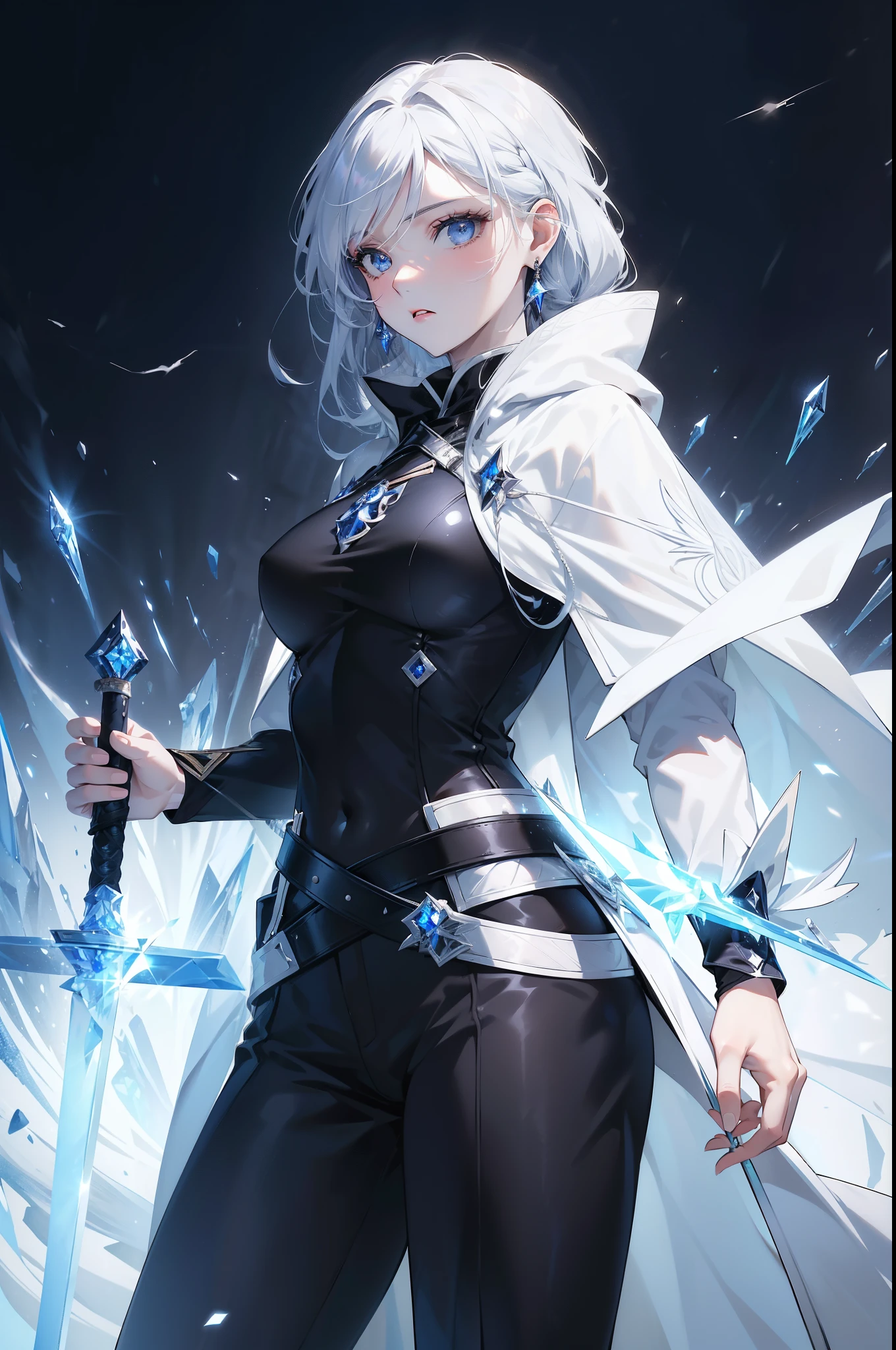 (best quality, high resolution), ultra-detailed, woman, young, 19 years old, swordsman, long white hair, snow-white skin, cold eyes, crystal blue eyes, black uniform with black pants, black clothing, white cape with hood. Crystal loga sword, shiny, (ultra-detailed sword, high resolution, best quality). Earring, crystal bottom