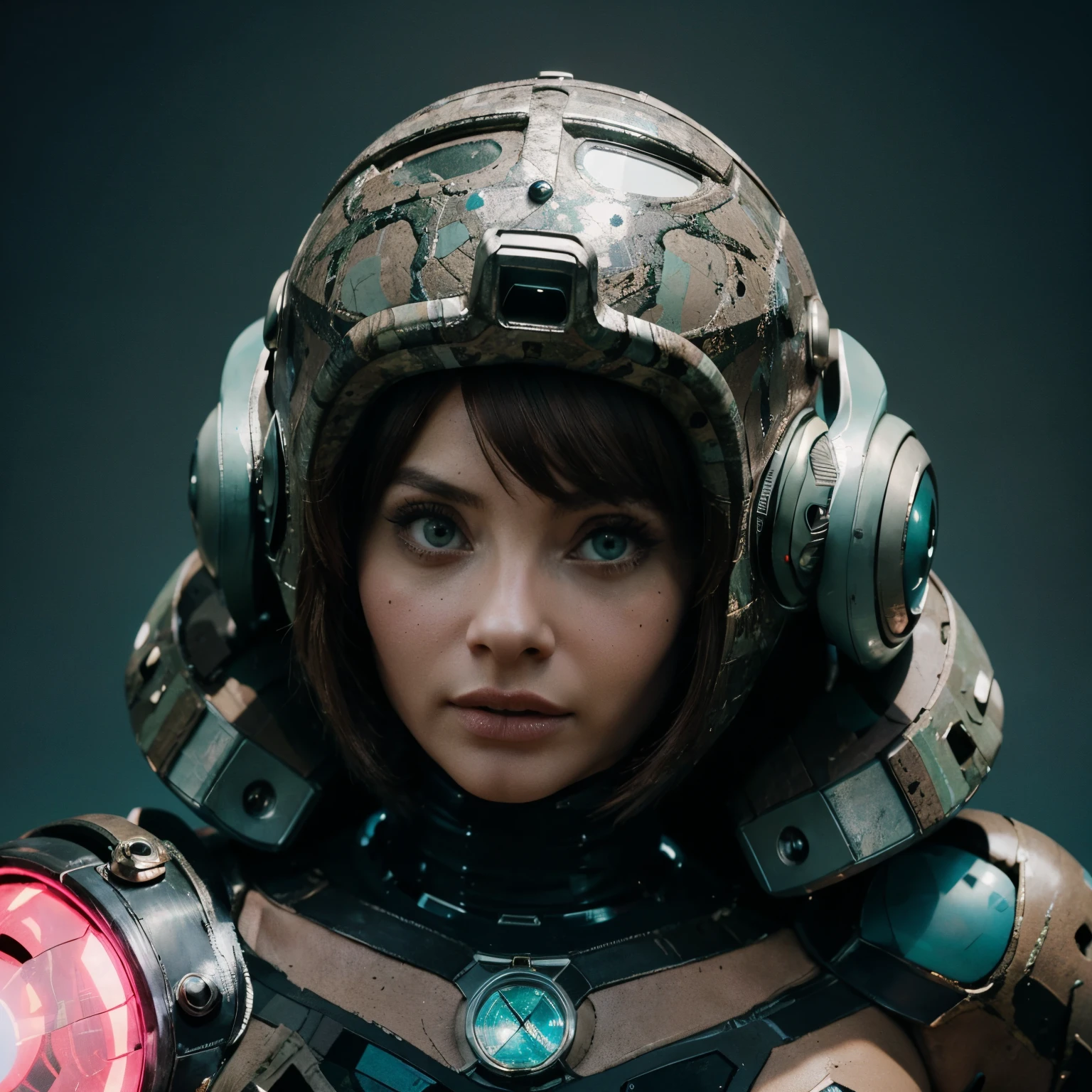 A Modern flat toon Crazy whit a Big ONE a Only Eye Robot and helmet Style, like Sophia Loren and Christina Ricci nude in Cyan hair, pinhead, camouflage Pink Light Green Rusty, Ambient in a meteorite crater super detailed, center, beautiful, soft lighting, focused on the character, 4K resolution, photorealistic rendering,
