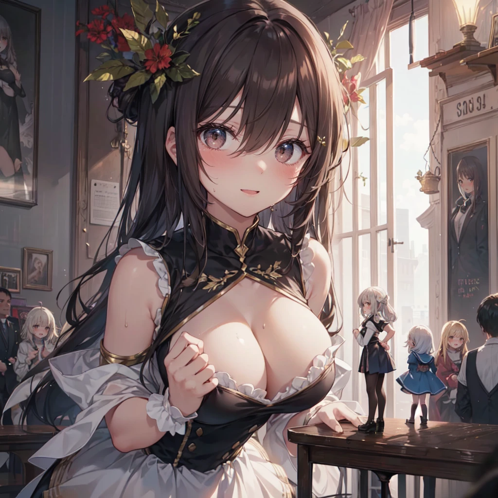 (height_difference:1.5), (size_difference:1.2), princess bedroom, cute princess bedroom, she is looking down at her, she is looking down, a giantess looking down at a minigirl, a giantess with a minigirl below her breasts, she is looking down at her, (giantess:1.3), smug, :3, (1girl:1.2), solo, female focus, cleavage, shiny skin, a crowd of people on a table below the breasts of a giantess, a crowd of people on a platform in front of the breasts of a giantess, (multiple_girls:1.1), (rear end:1.2), (minigirl:1.3), (minigirl on a table: 1.1), sweaty, brown_skinned