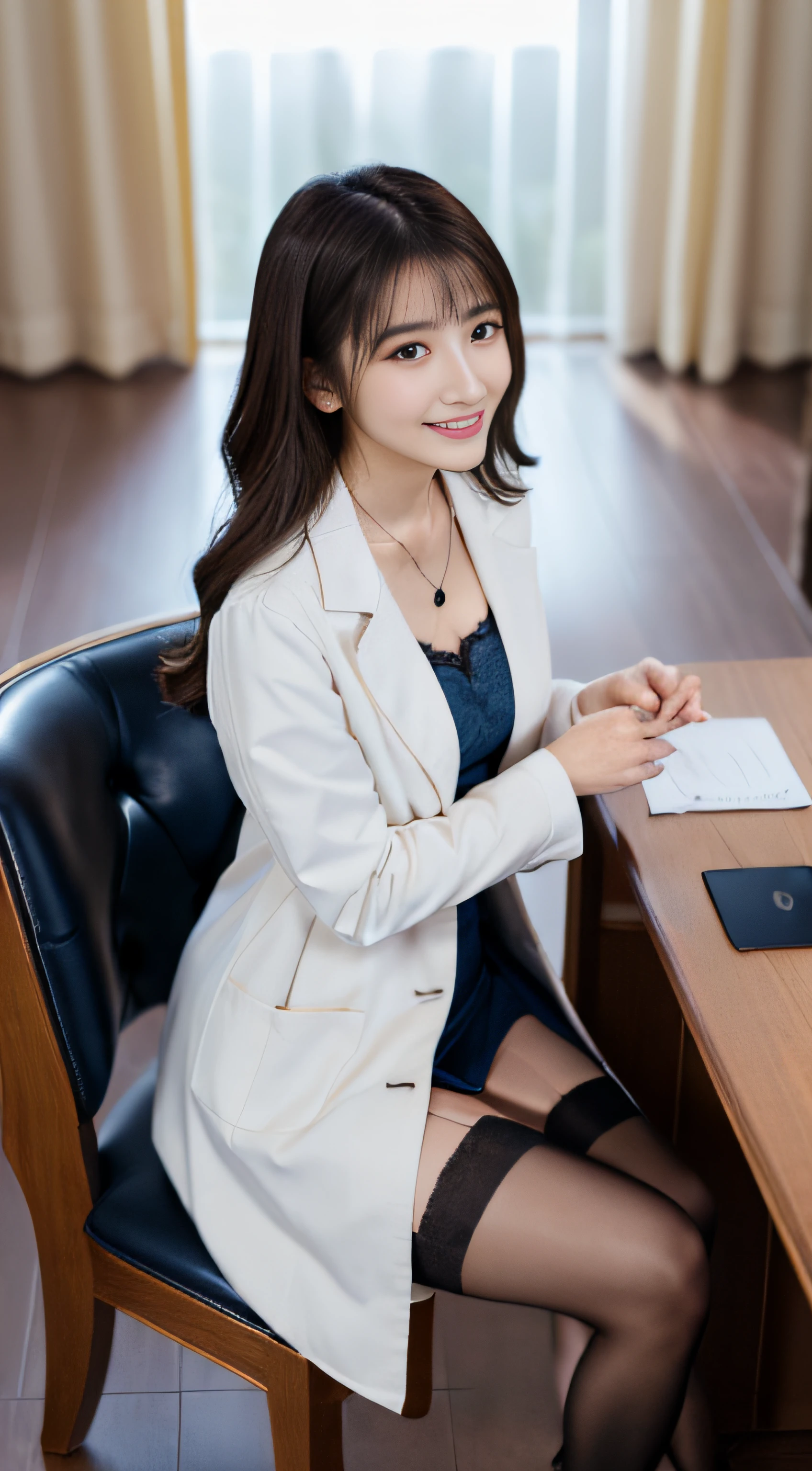 top-quality、Top image quality、​masterpiece、fully body photo、25 years old women, 、Dark brown wavy middle hair、bangss、((White Coat of Doctor、Dark Blue Pencil Skirt、Stockings、stethoscope、I have a stethoscope、Kamimei))、 ((no-bra、Puffy nipple、cross one's legs、Massage the chest with both hands))、soft boob、breasts of medium size,、high-heels、a necklace、耳环、cute smile face、Sit in a chair and look up