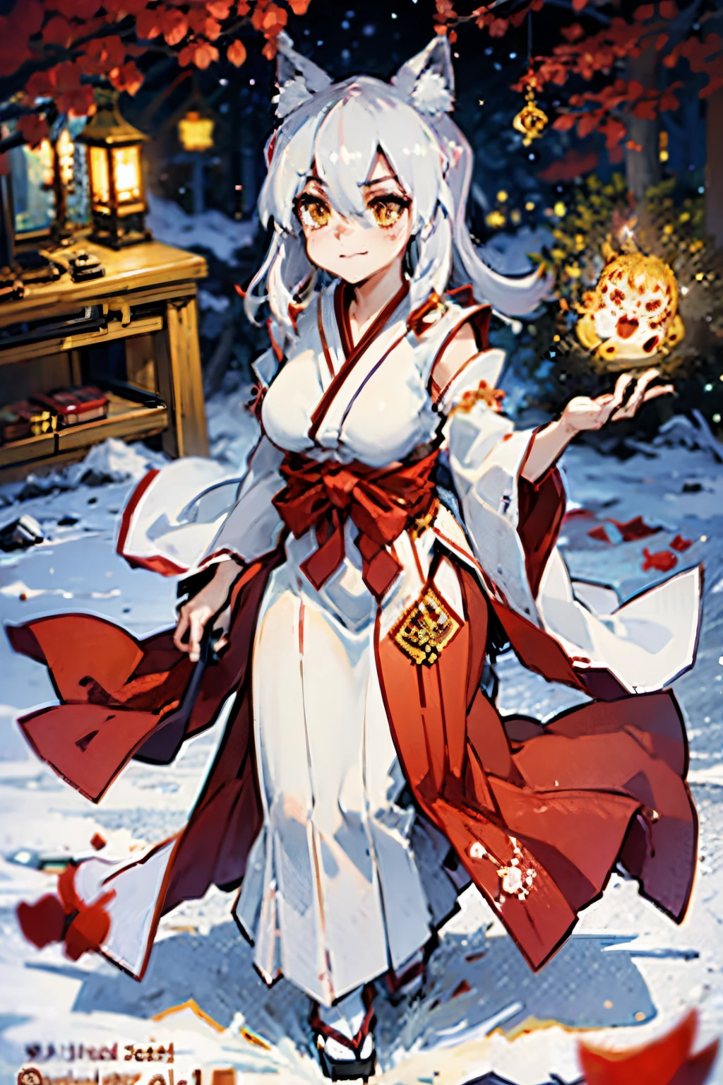 (best quality,highres),Yukina the friendly Kitsune, Christmas cheer, long snow white hair, big perfect breasts, 9 tailed fox, winter kimono, full body, cheerful expression, bright eyes, delicate facial features, fluffy fox ears, vibrant red and white colors, snow-covered landscape, sparkling snowflakes, festive decorations, cozy atmosphere, glowing lanterns, traditional Japanese patterns, elegant pose, graceful movements.