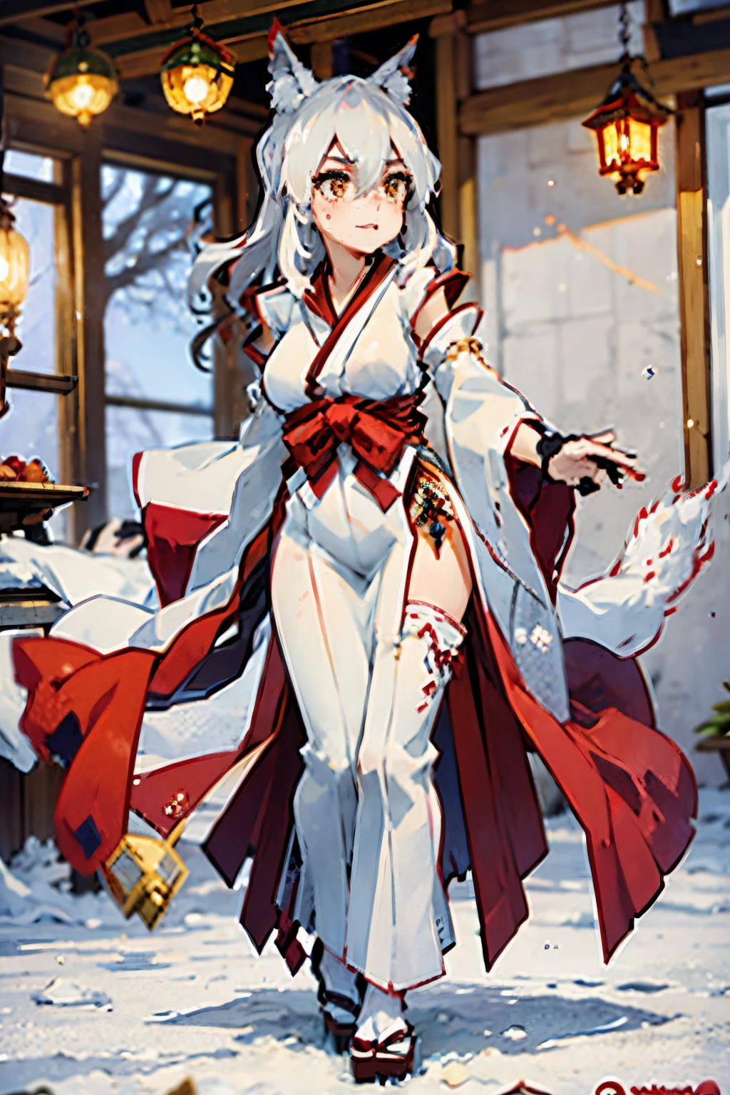 (best quality,highres),Yukina the friendly Kitsune, Christmas cheer, long snow white hair, big perfect breasts, 9 tailed fox, winter kimono, full body, cheerful expression, bright eyes, delicate facial features, fluffy fox ears, vibrant red and white colors, snow-covered landscape, sparkling snowflakes, festive decorations, cozy atmosphere, glowing lanterns, traditional Japanese patterns, elegant pose, graceful movements.