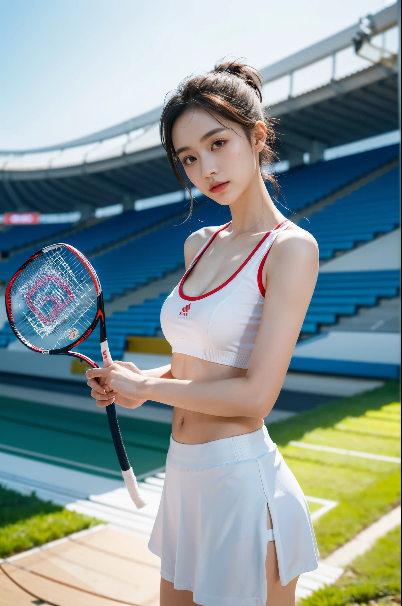 1 female badminton player,slim,thin,small head,small face,small breasts, White shirt，Red skirt，White socks，short dual horsetail，(vibrancy:1.3)、badminton racket in hand，Exercise posture，(stadio:1.5)cleavage,、RAW photography, top-quality, A high resolution, (tmasterpiece), (Photorealsitic:1.4),foco nítido, 8K分辨率, intricately details, depth of fields, the Extremely Detailed CG Unity 8K Wallpapers, Frontlighting,