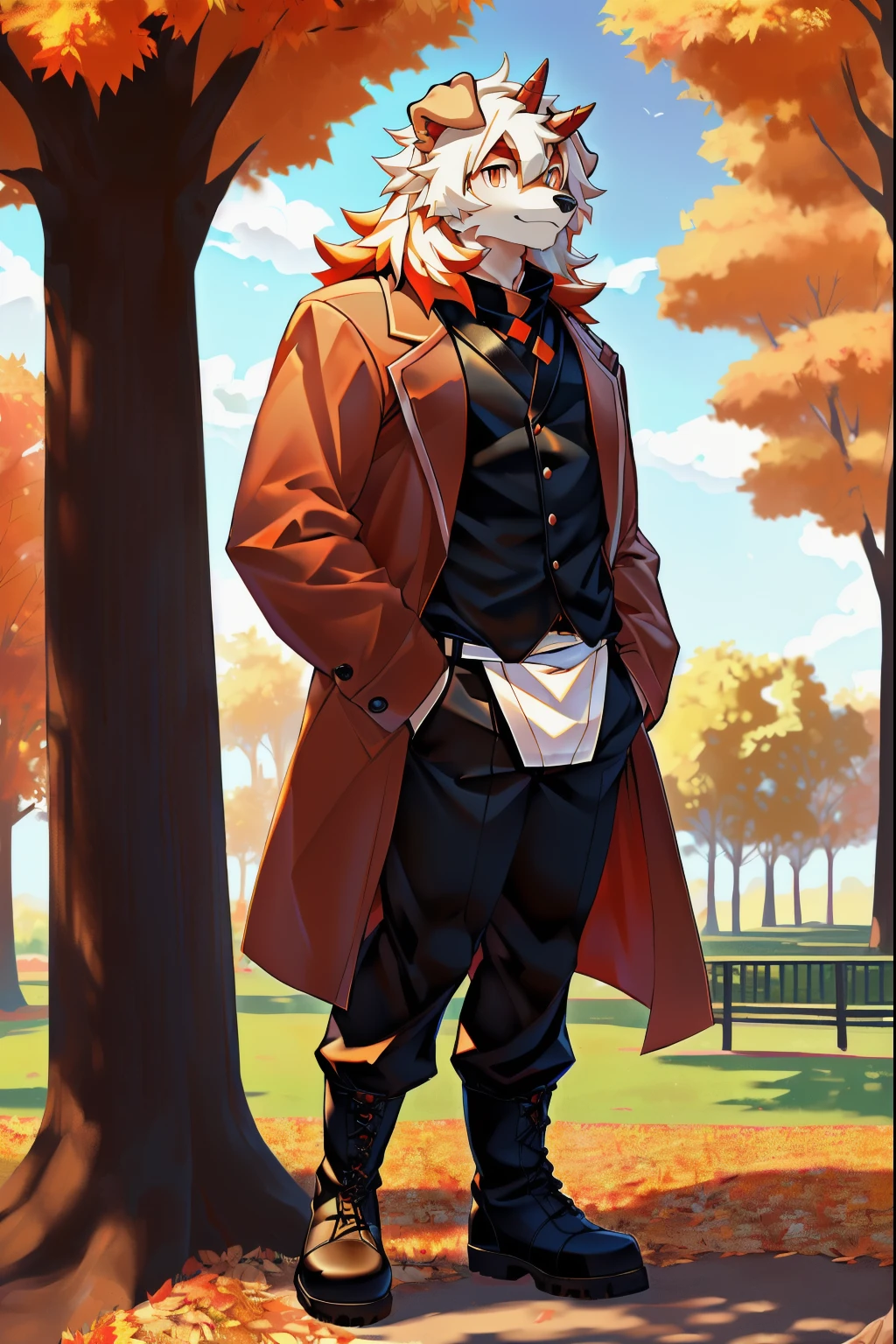 (Thick arms:1.2),(thick leg:1.1),tmasterpiece, Best quality at best, offcial art, extremely detaild的 CG unified 8k wallpapers, ultra - detailed, Most Best Illustration, pegging (/arknight/), White fur, furry male, Dog boy, hairy pubic, Two-tone fur, 1boys, Colorful hair, malefocus, horn, Striped hair, dog ears, Animal ear, single horn, Brown fur, By bangs, orange color hair, White hair, Medium hair, Alone, Orange tail,furry tail,(Black pupils),tall,(the shy),on the park,in fall,boots,(sexy for),((Tall and strong)),Lateral face,(A detailed eye),Orange eyes,male people,Alone,Black pupils),(详细的脸),(sharp vision),Permanent,Be red in the face,(Detailed hands),(detailed feets),AS-Adult,class,Mild,legs long,(detailed finger),(A detailed eye),(Brown coat),(whitet-shirt),(Black pants),relaxed,tiese,Dog nose,standing on your feet