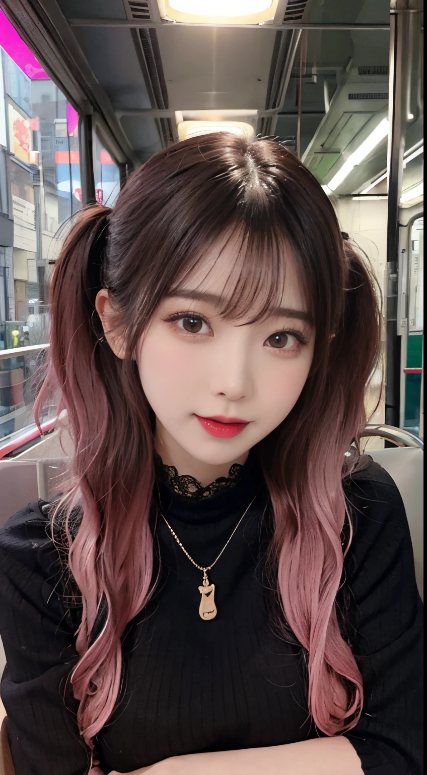 Korean Beauty,Sitting on the train,(((tmasterpiece))), ((best qualtiy)), ((intricate detailes)), ((Ultra-realistic realism)), Ridiculous resolution, A MILF, Mature Woman, ighly detailed, illustratio, 1girll,((Large breasts)), perfect hand, Detailed finger, Beautiful detailed eyes, Lowered twin tails, Colored inner hair, Very long black hair, Very bright pink hair, with brown eye, Name badge, ( Korean style long sleeve dark pink ruffle lace up pleated skirt, Black knee-high socks:2.2),detailedbackground, perfect eyes, mesmerizing eyes,Slightly open mouth, ((Ephemeral Girl:1.2))